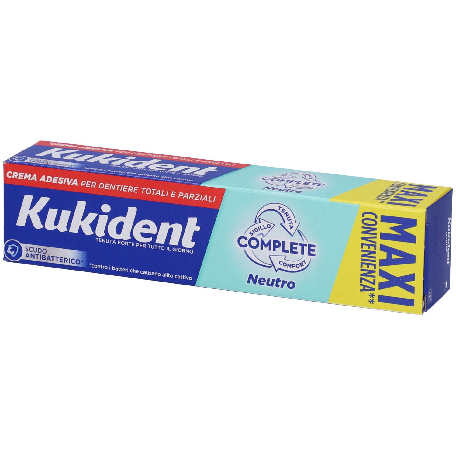 Tubo di crema adesiva e confezione. Testo: Kukident Complete Neutro.