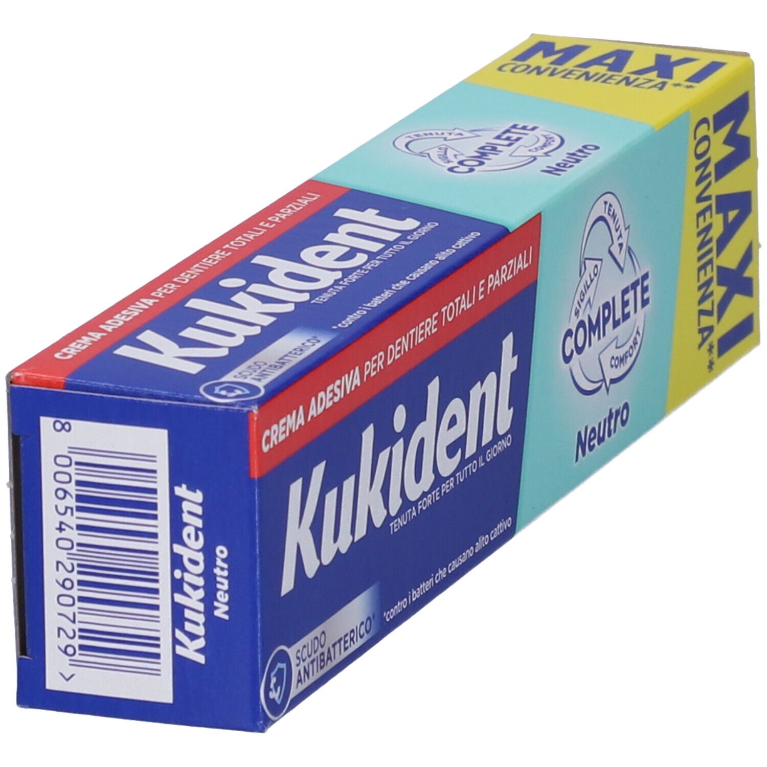 Confezione di crema adesiva. Testo: Kukident Complete Neutro.