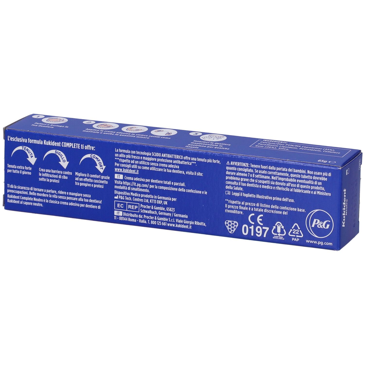 Confezione di crema adesiva. Testo: Kukident Complete Neutro.