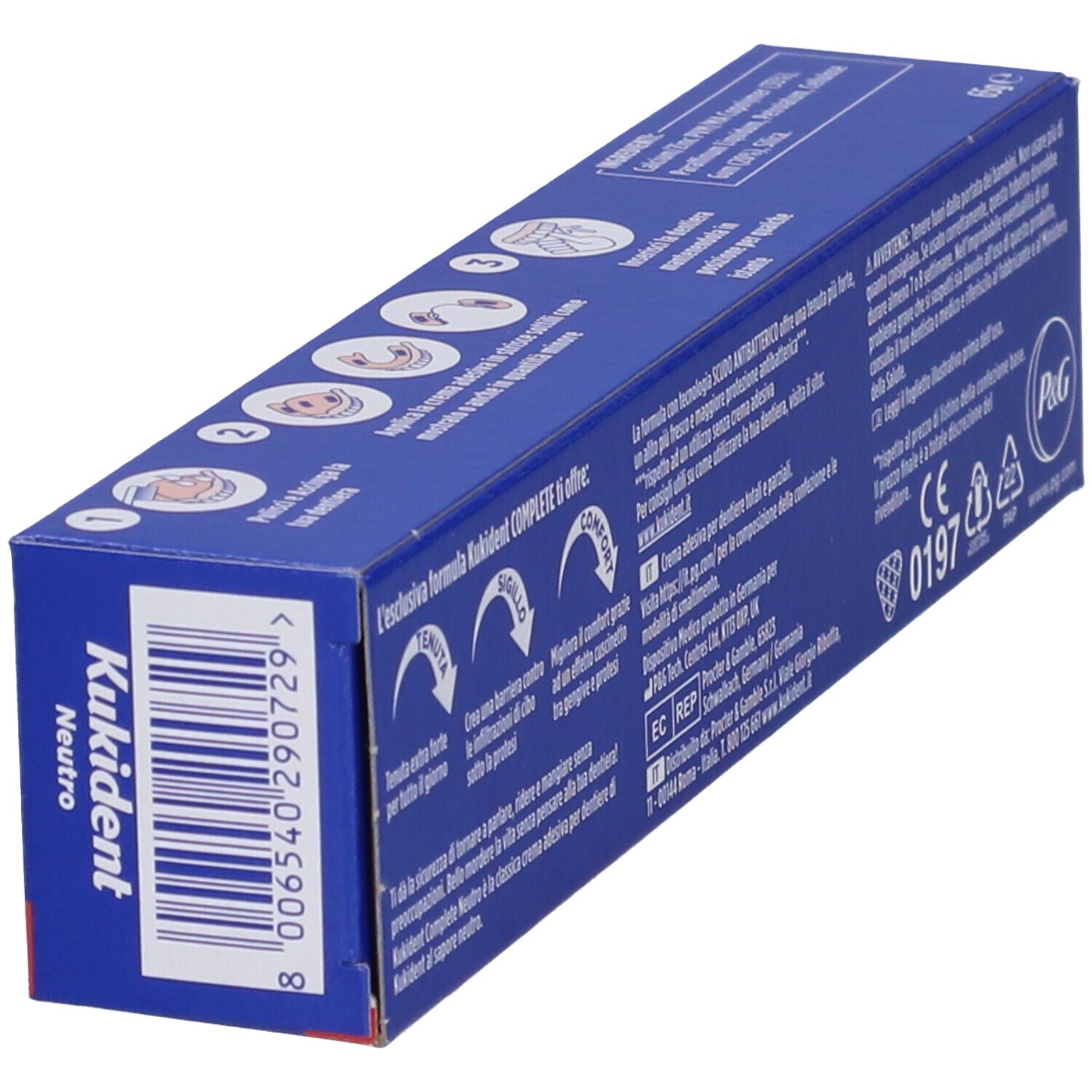 Tubo di crema adesiva e confezione. Testo: Kukident Complete Neutro.