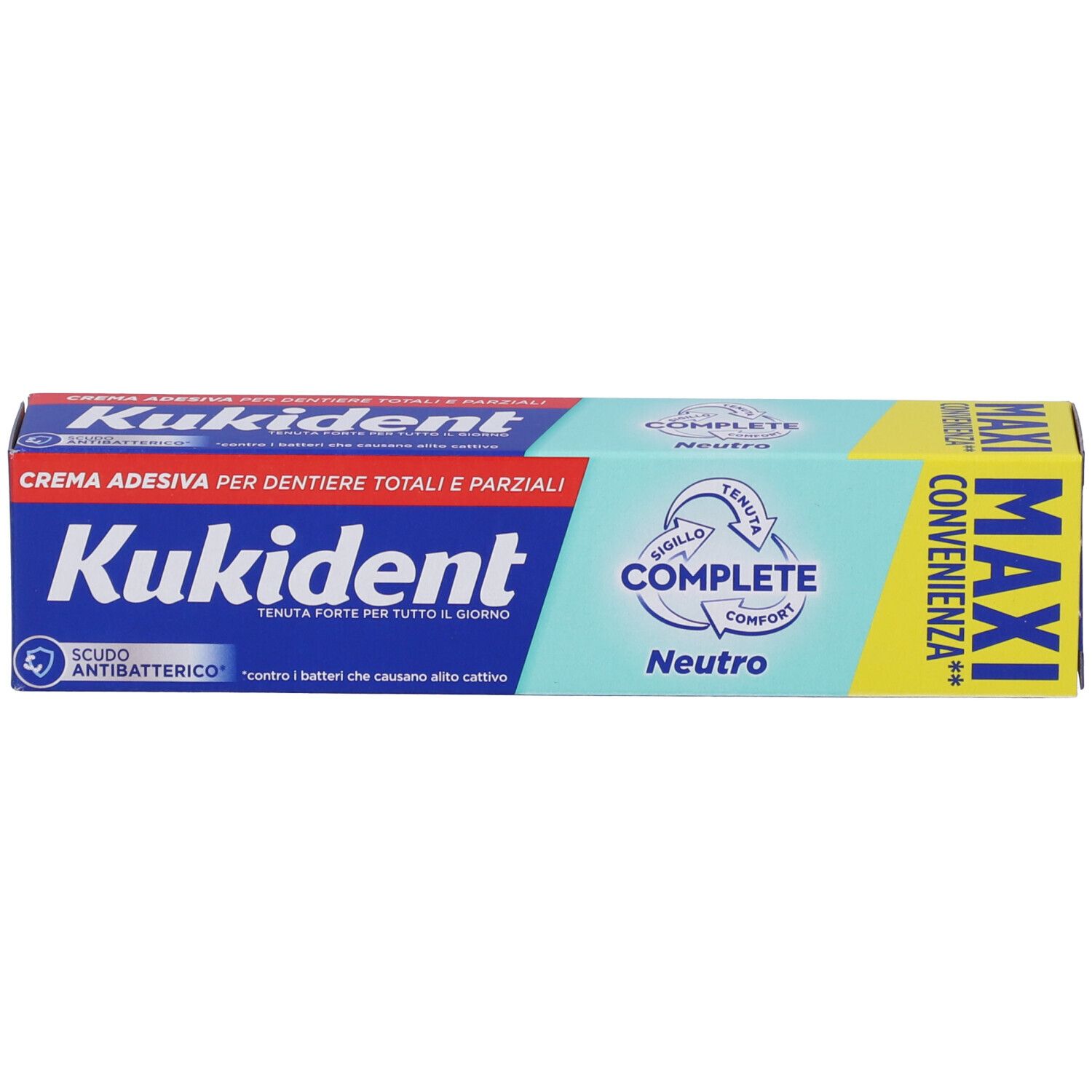 Tubo di crema adesiva e confezione. Testo: Kukident Complete Neutro.