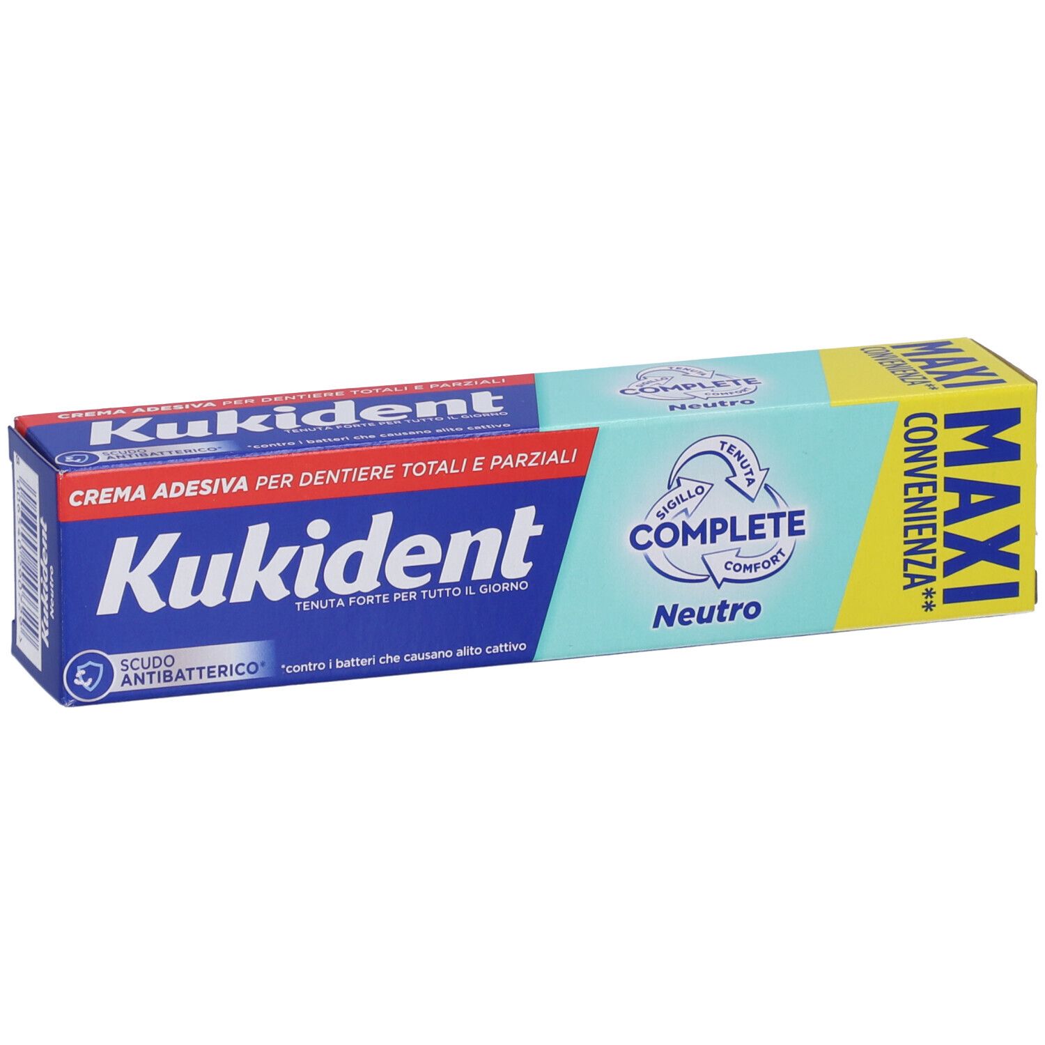 Tubo di crema adesiva e confezione. Testo: Kukident Complete Neutro.