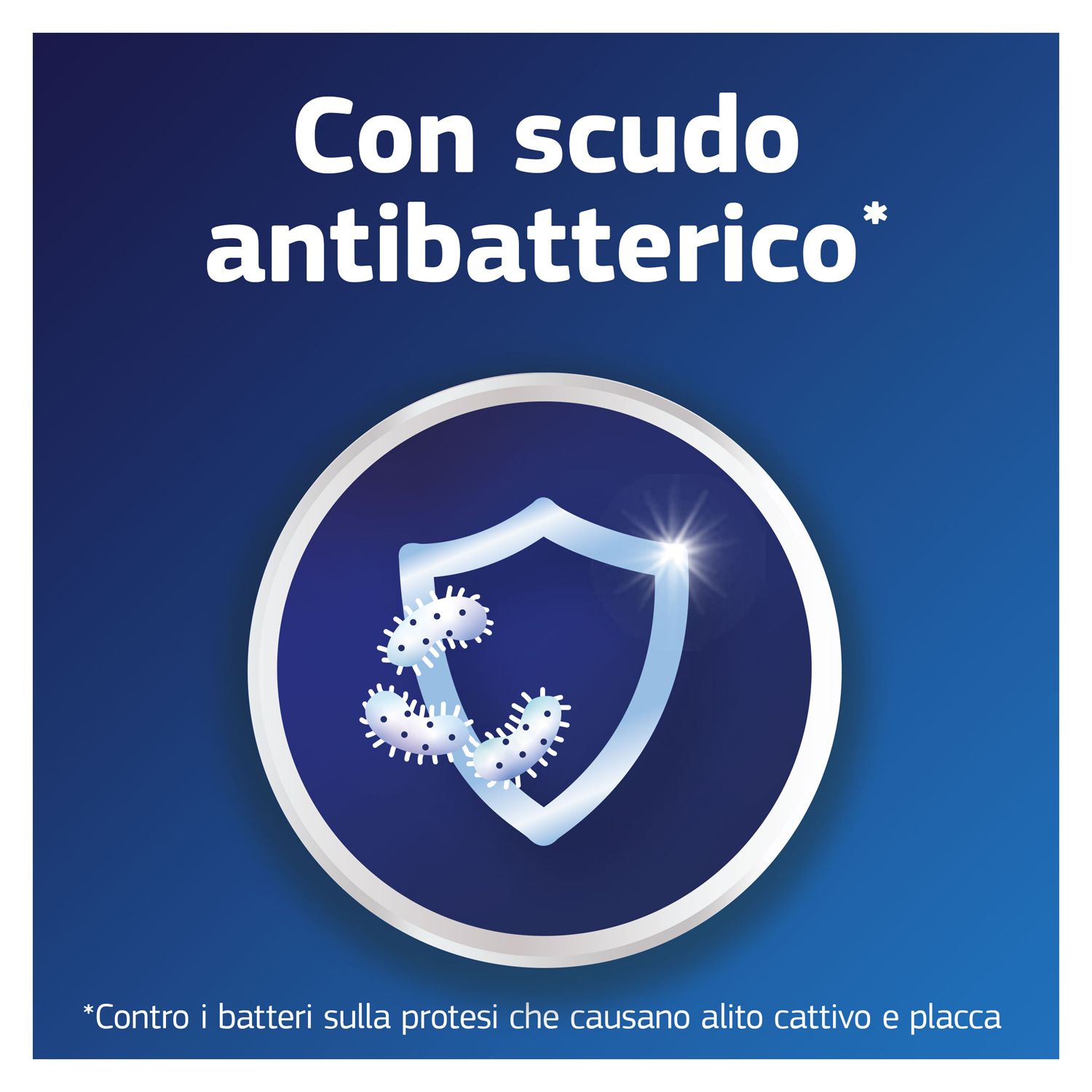 Simbolo rotondo con scudo e batteri. Testo: Con scudo antibatterico.