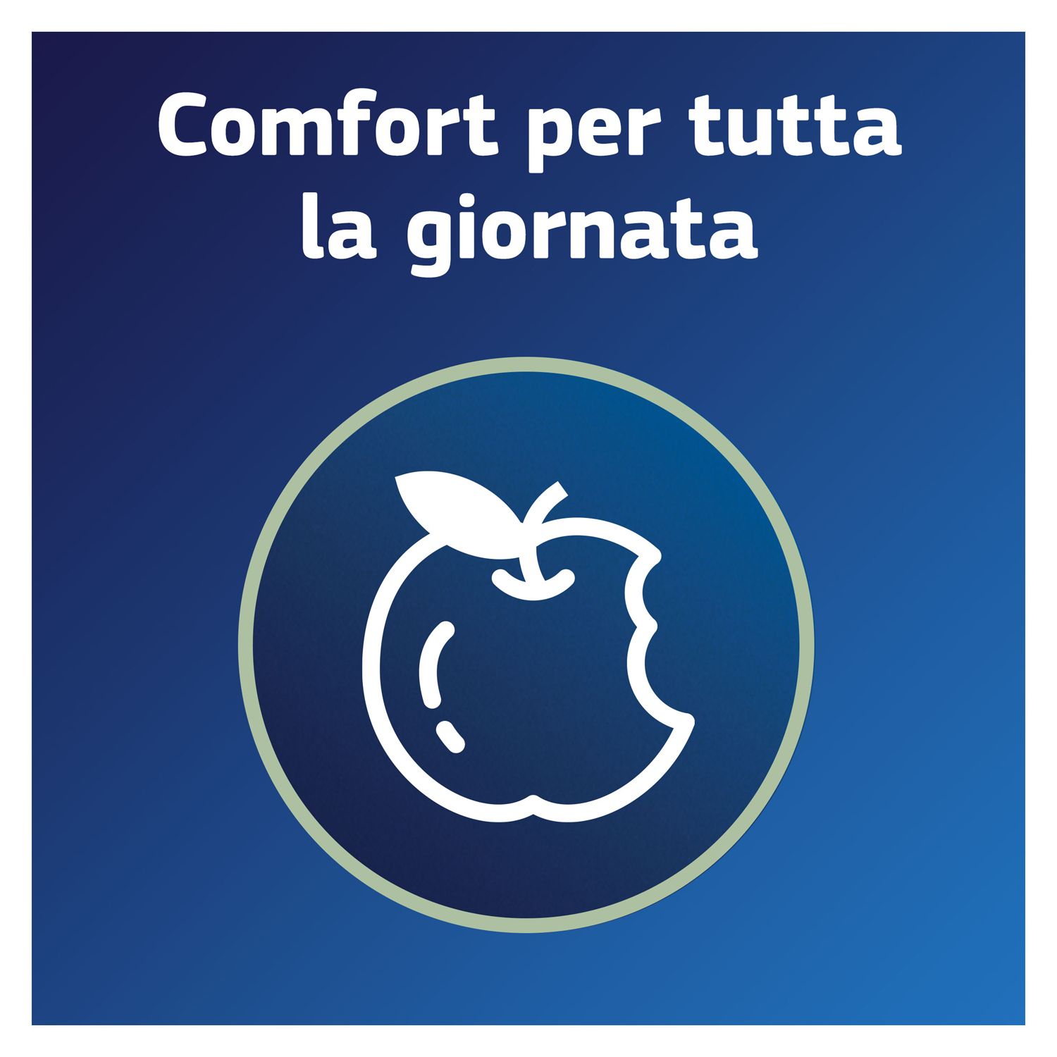 Simbolo rotondo con mela. Testo: Comfort per tutta la giornata.