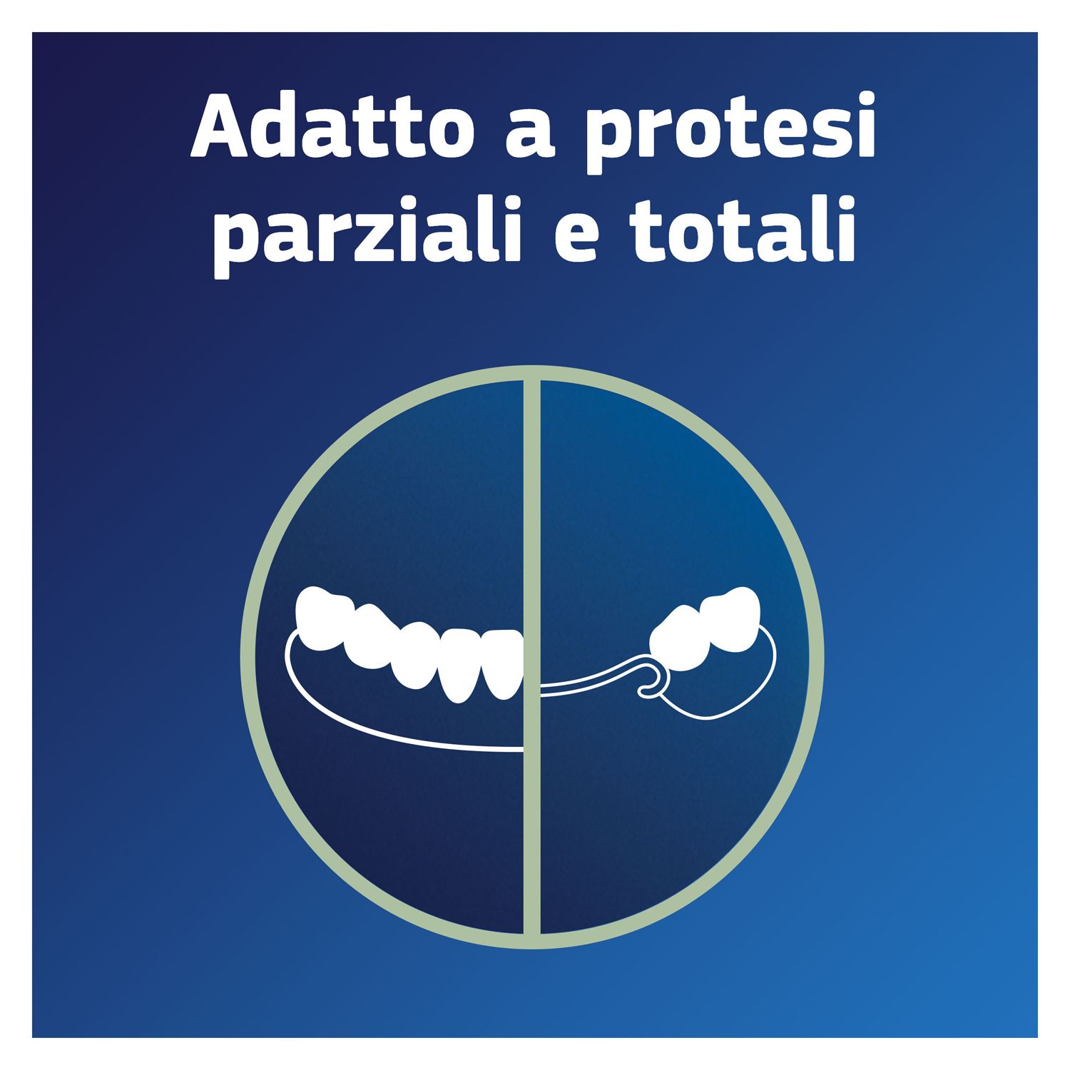 Simbolo rotondo con protesi dentarie. Testo: Adatto a protesi parziali e totali.
