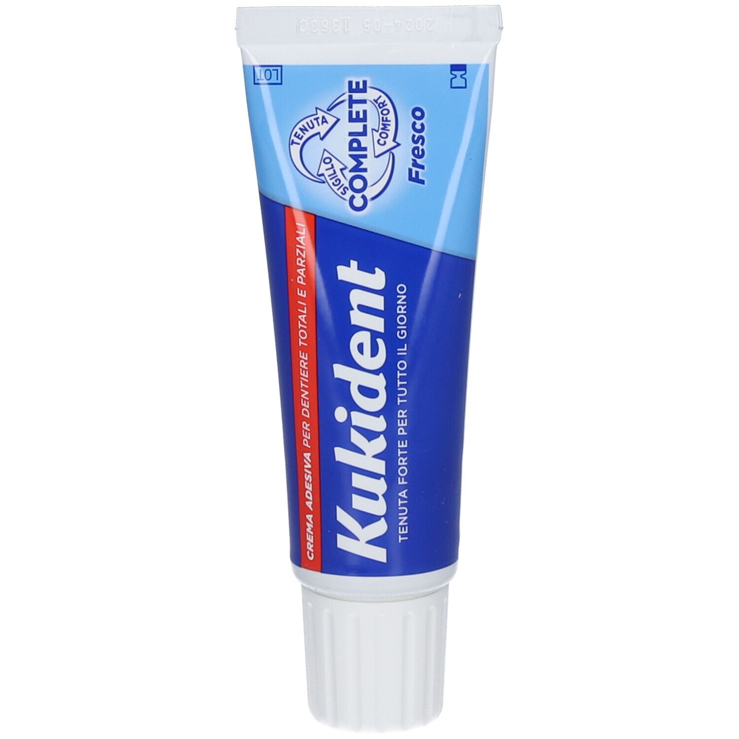 Tubo di crema adesiva Kukident Complete Fresco. Design blu e bianco. Scritto: Complete Fresco. Protezione antibatterica.
