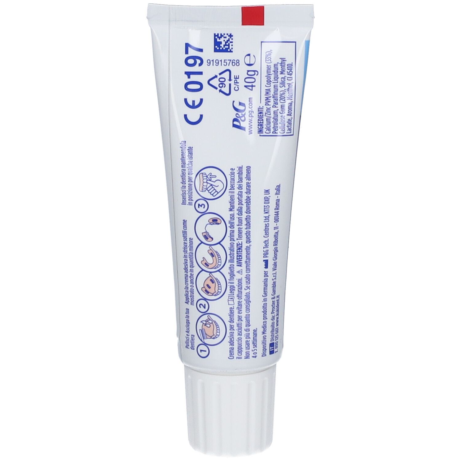 Retro del tubo Kukident Complete Fresco. Contiene informazioni sugli ingredienti, il produttore e le istruzioni per l'uso.