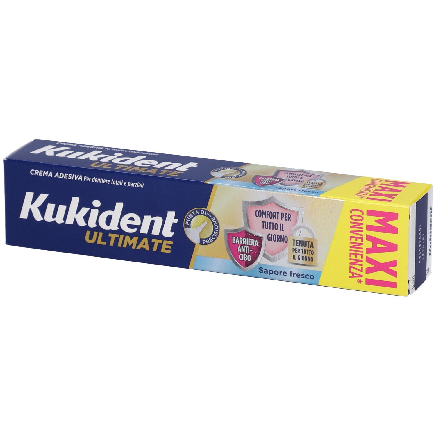 Scatola Kukident Ultimate. Scatola blu, testo bianco. Informazioni sul prodotto.