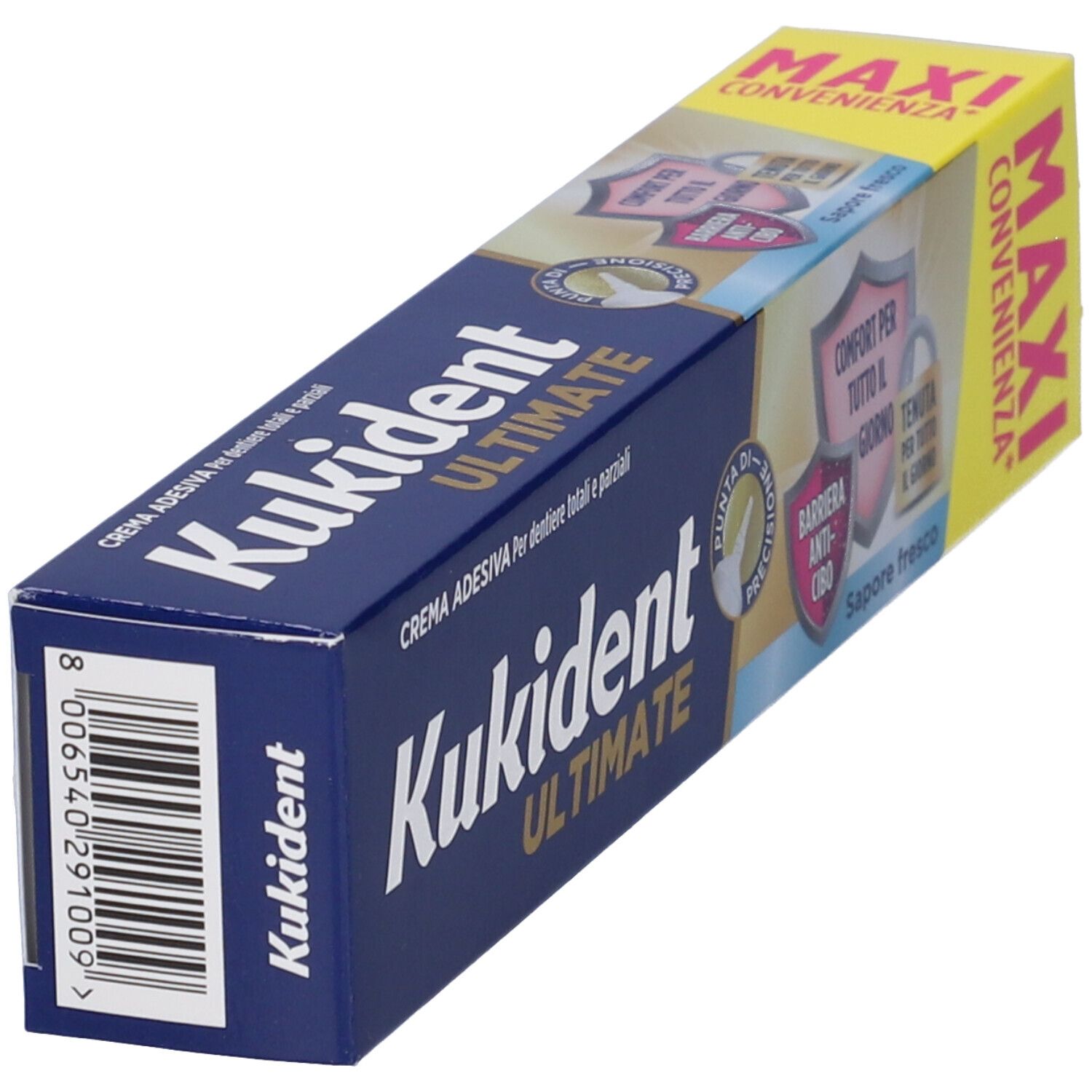 Scatola Kukident Ultimate. Scatola blu, testo bianco. Informazioni sul prodotto.