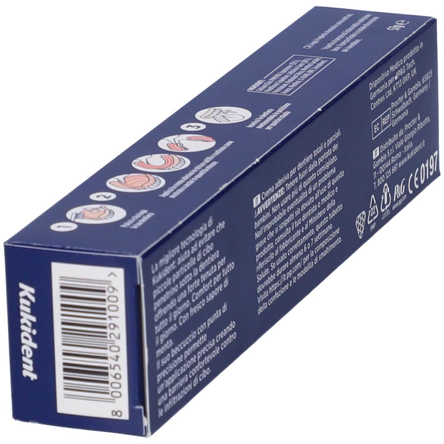 Scatola Kukident Ultimate. Retro. Testo e simboli. Marchio CE.