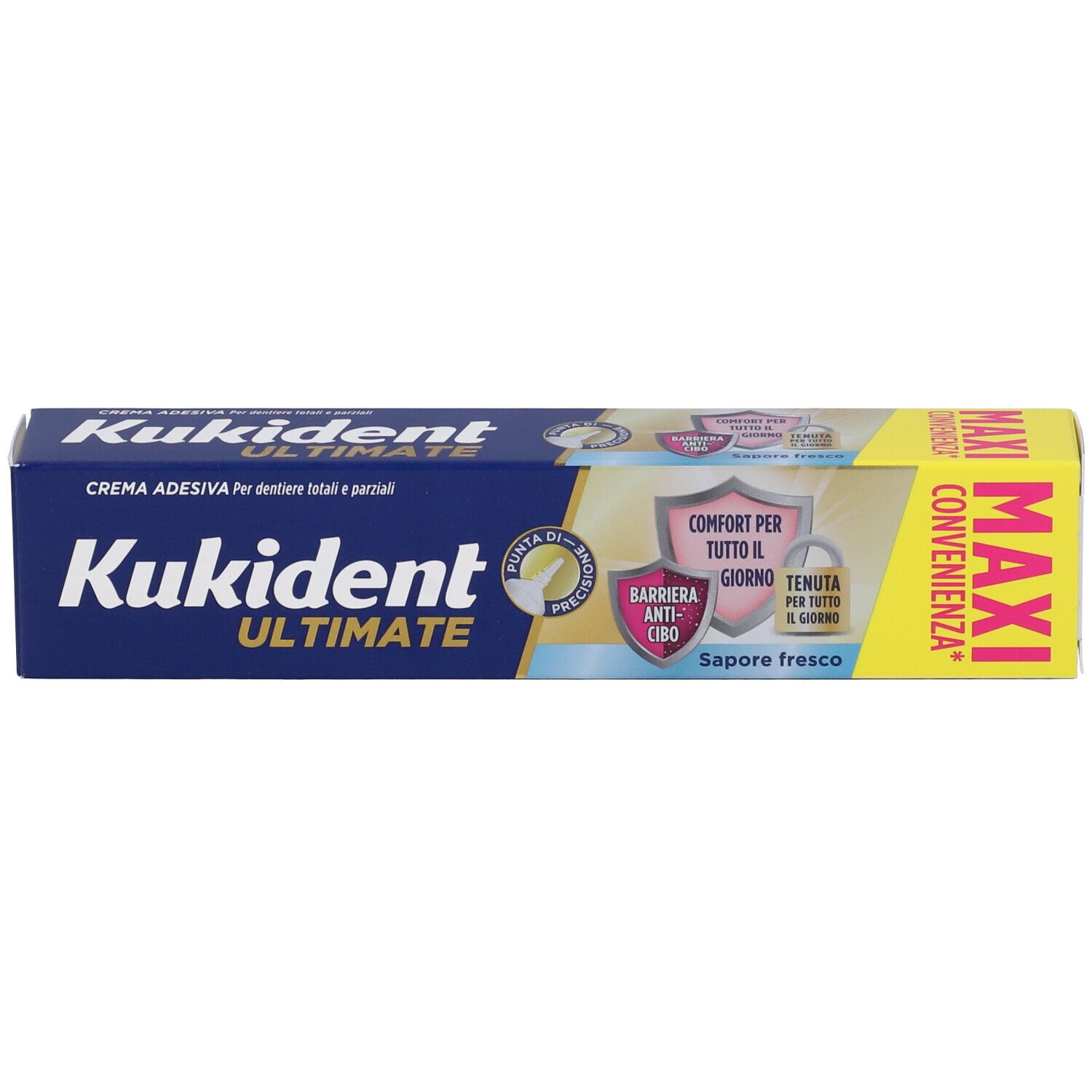 Scatola Kukident Ultimate. Scatola blu, testo bianco. Informazioni sul prodotto.