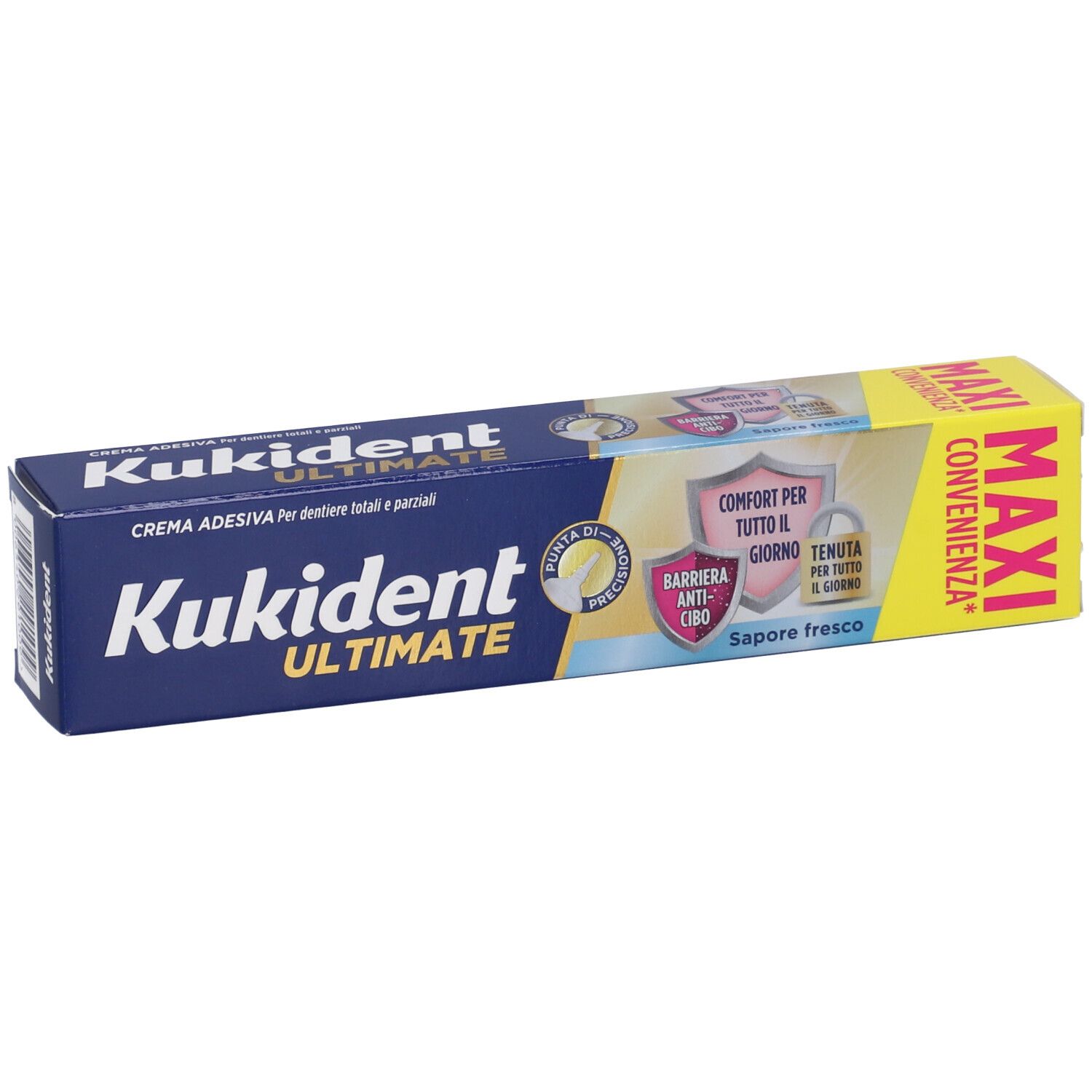 Scatola Kukident Ultimate. Scatola blu, testo bianco. Informazioni sul prodotto.