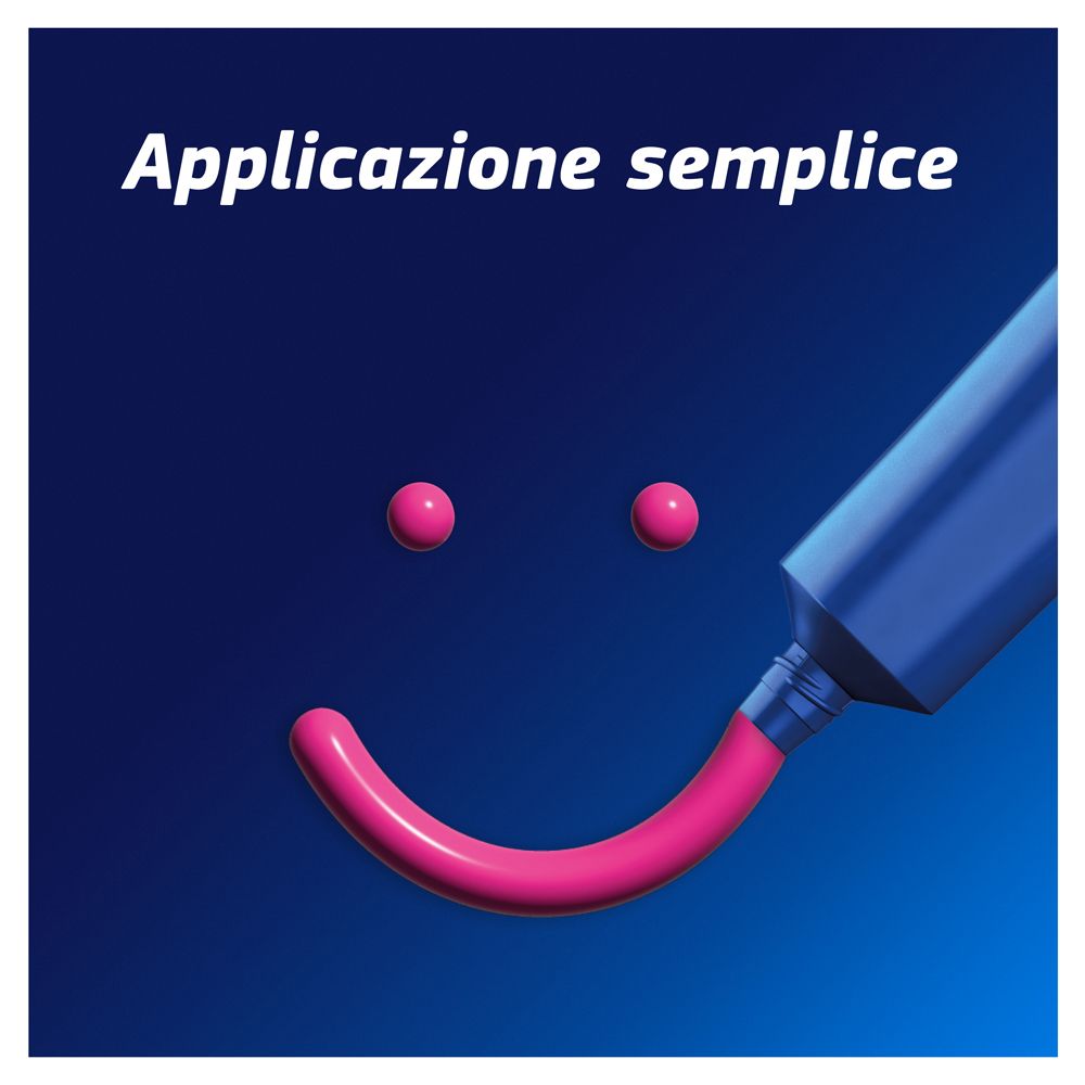 Tubo con crema rosa. Gocce rosa formano un sorriso. Testo: Applicazione semplice.