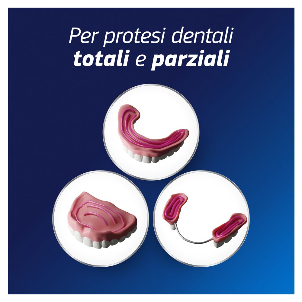 Tre protesi dentali. Crema rosa su cerchi bianchi. Testo: Per protesi dentali totali e parziali.