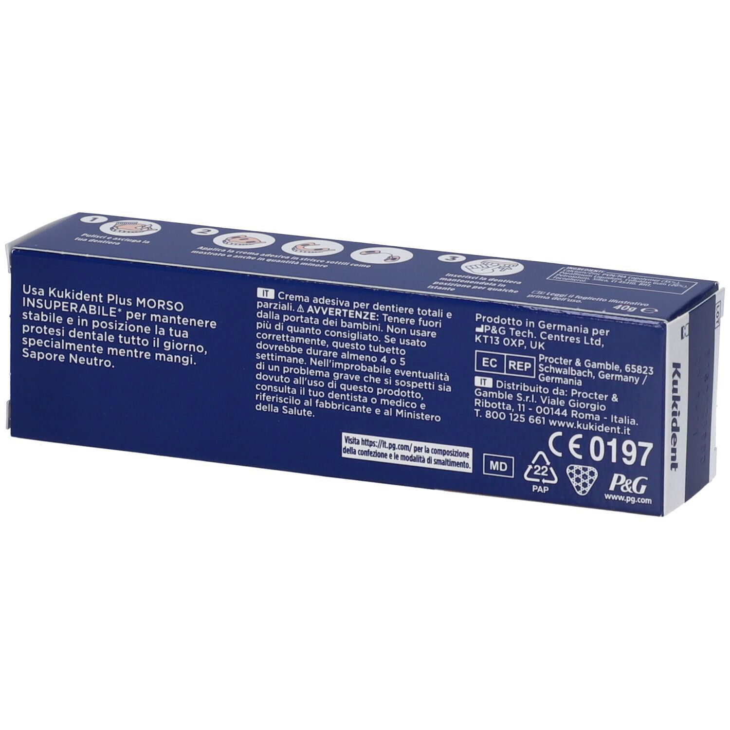 Rückseite der Kukident PLUS-Packung. Blaue Schachtel mit Text, Warnhinweisen und CE-Kennzeichnung.