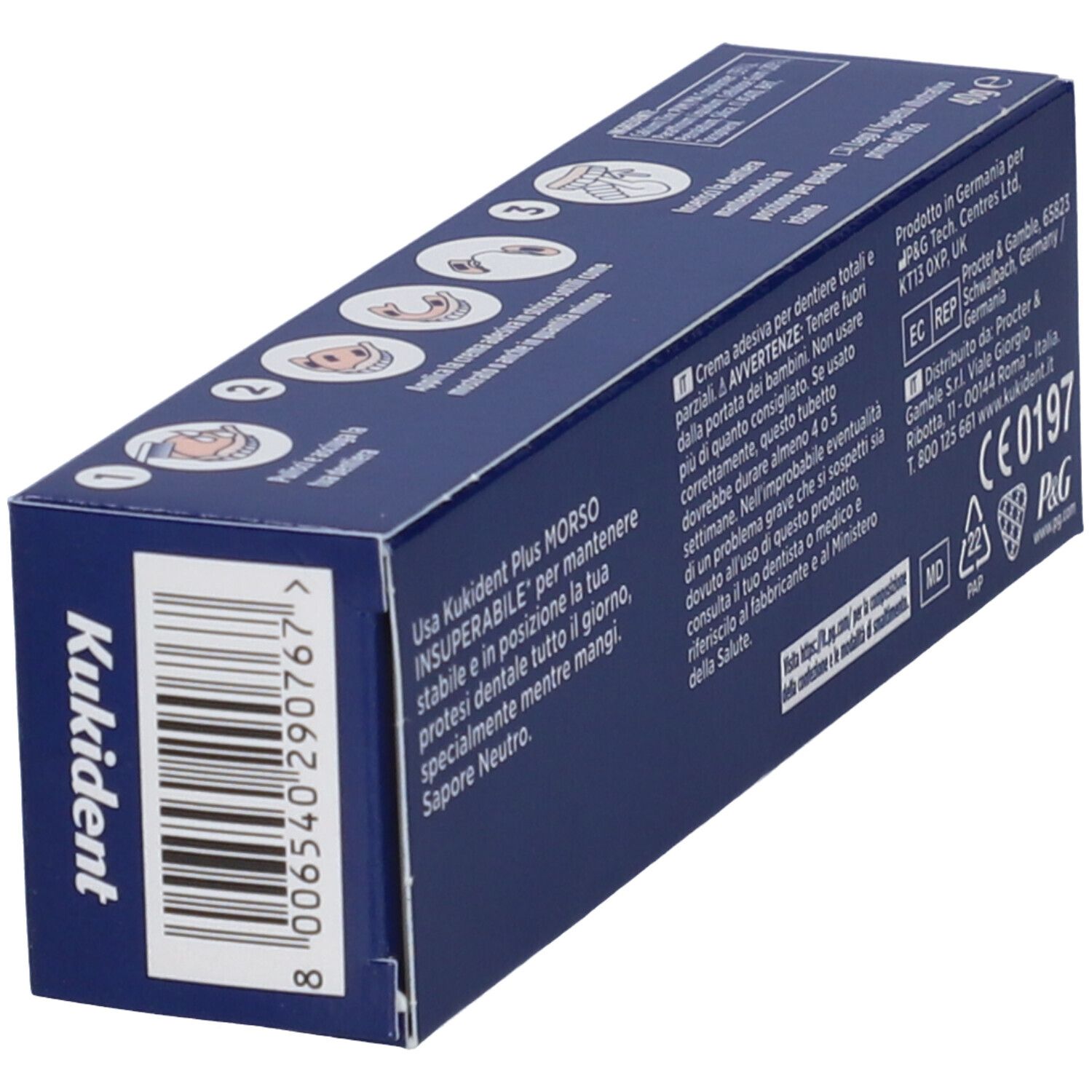 Rückseite der Kukident PLUS-Packung. Blaue Schachtel mit Text, Warnhinweisen und CE-Kennzeichnung.