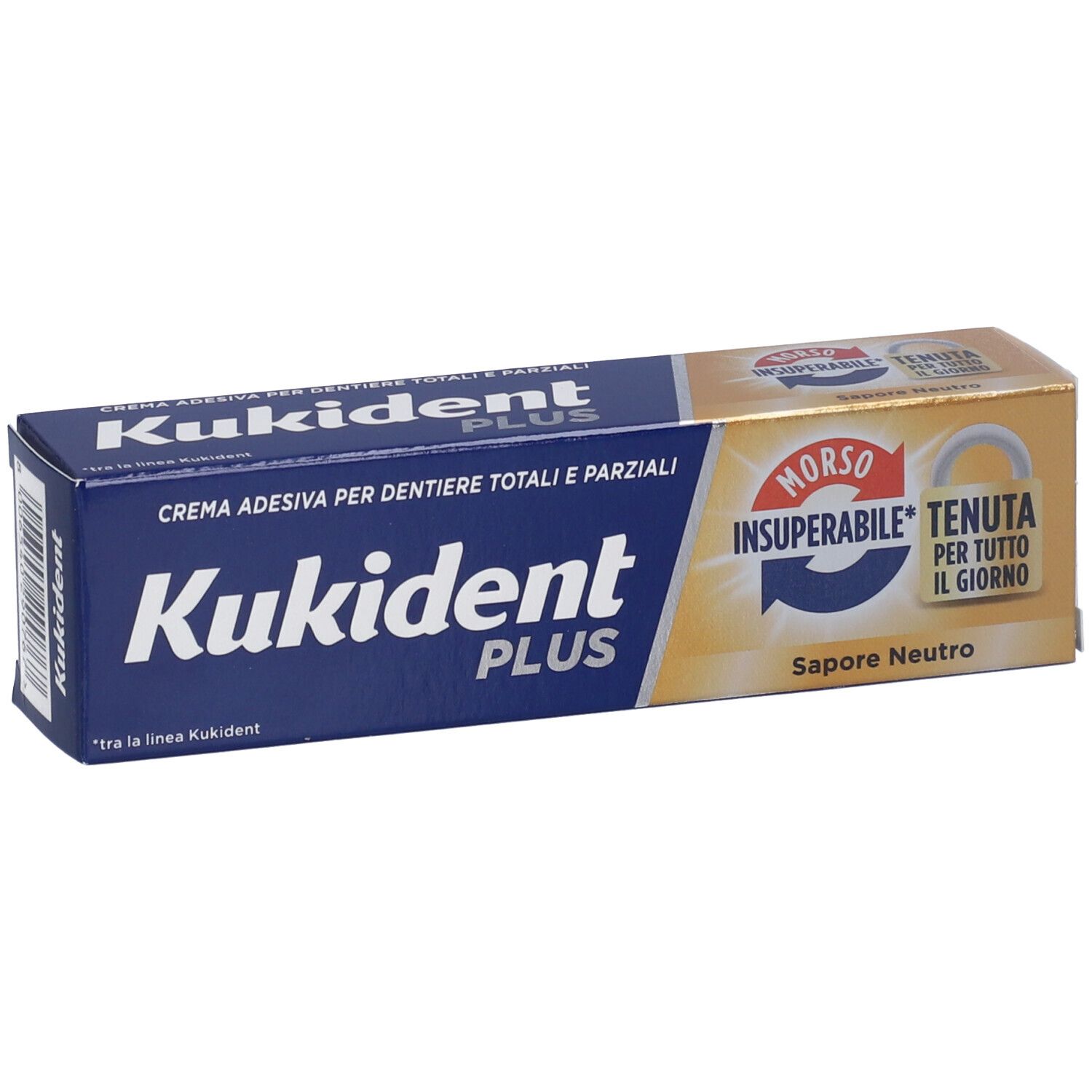 Kukident PLUS-Packung. Blaue Schachtel mit Produktnamen und Logo. Goldfarbener Bereich mit Text und Logo.