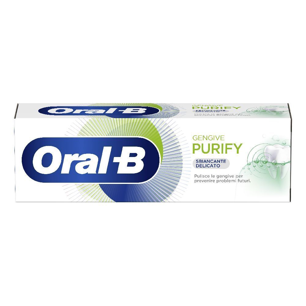 Scatola di dentifricio Oral-B. Testo: Purify, gengive, sbiancante delicato. Grafica verde e bianca.