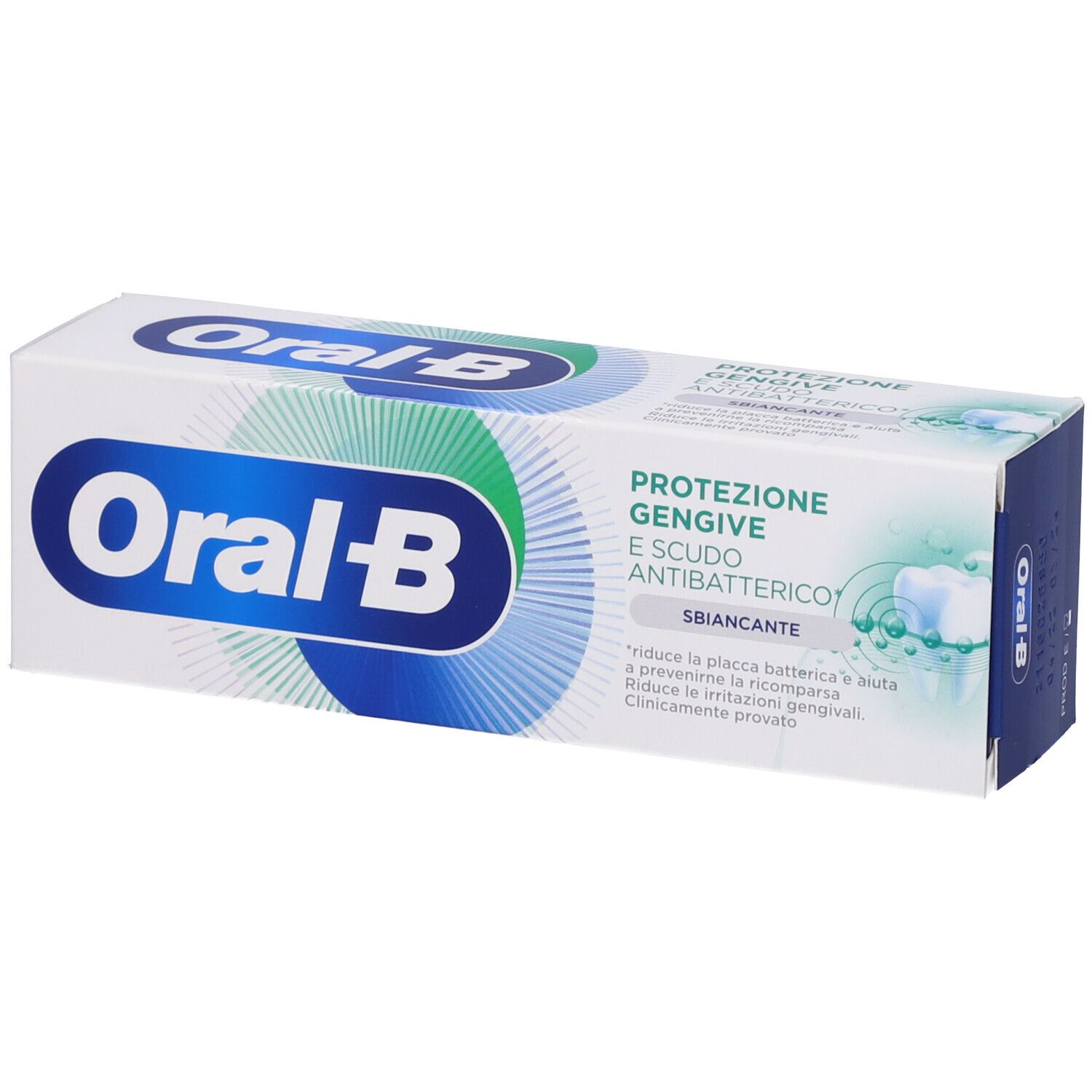 Scatola di dentifricio Oral-B. Testo: Protezione gengive e scudo antibatterico, sbiancante. Bianco e verde.