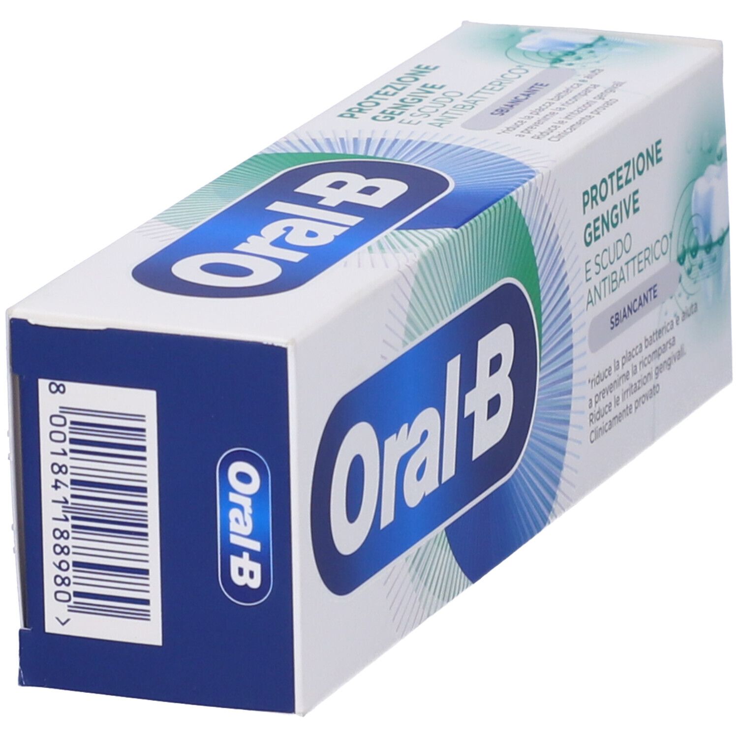 Scatola di dentifricio Oral-B. Testo: Protezione gengive e scudo antibatterico, sbiancante. Codice a barre.