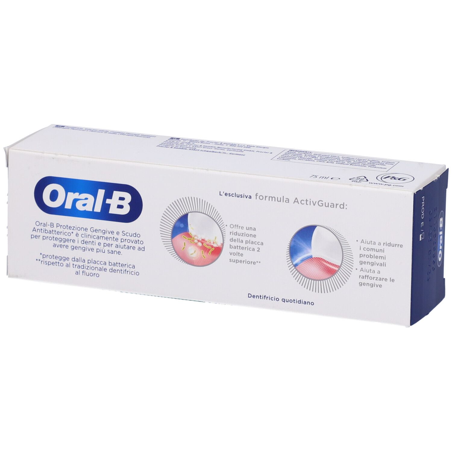 Scatola di dentifricio Oral-B. Testo: Protezione gengive e scudo antibatterico. Formula ActivGuard.