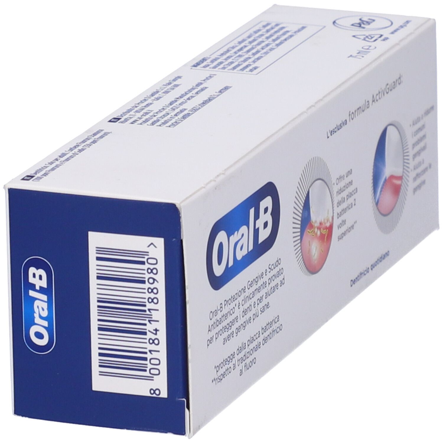 Scatola di dentifricio Oral-B. Testo: Protezione gengive e scudo antibatterico. Codice a barre.