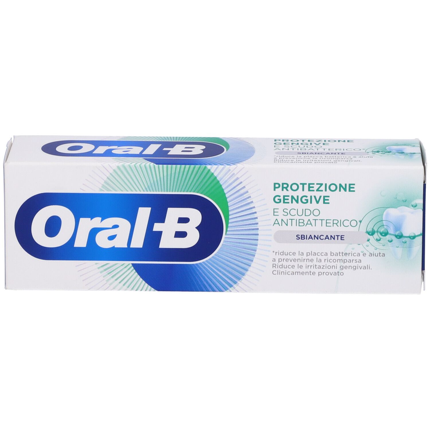 Scatola di dentifricio Oral-B. Testo: Protezione gengive e scudo antibatterico, sbiancante. Bianco e verde.