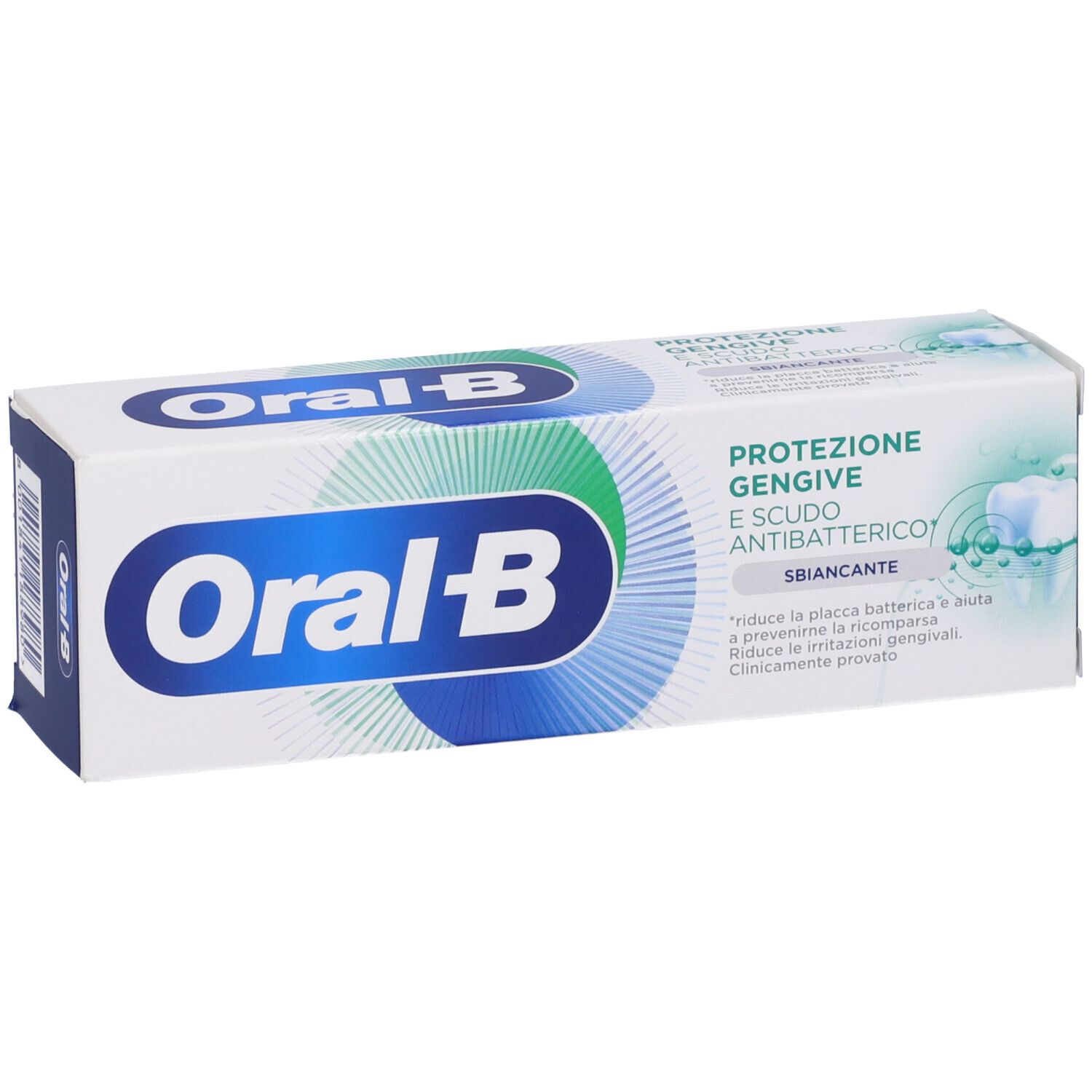 Scatola di dentifricio Oral-B. Testo: Protezione gengive e scudo antibatterico, sbiancante. Bianco e verde.