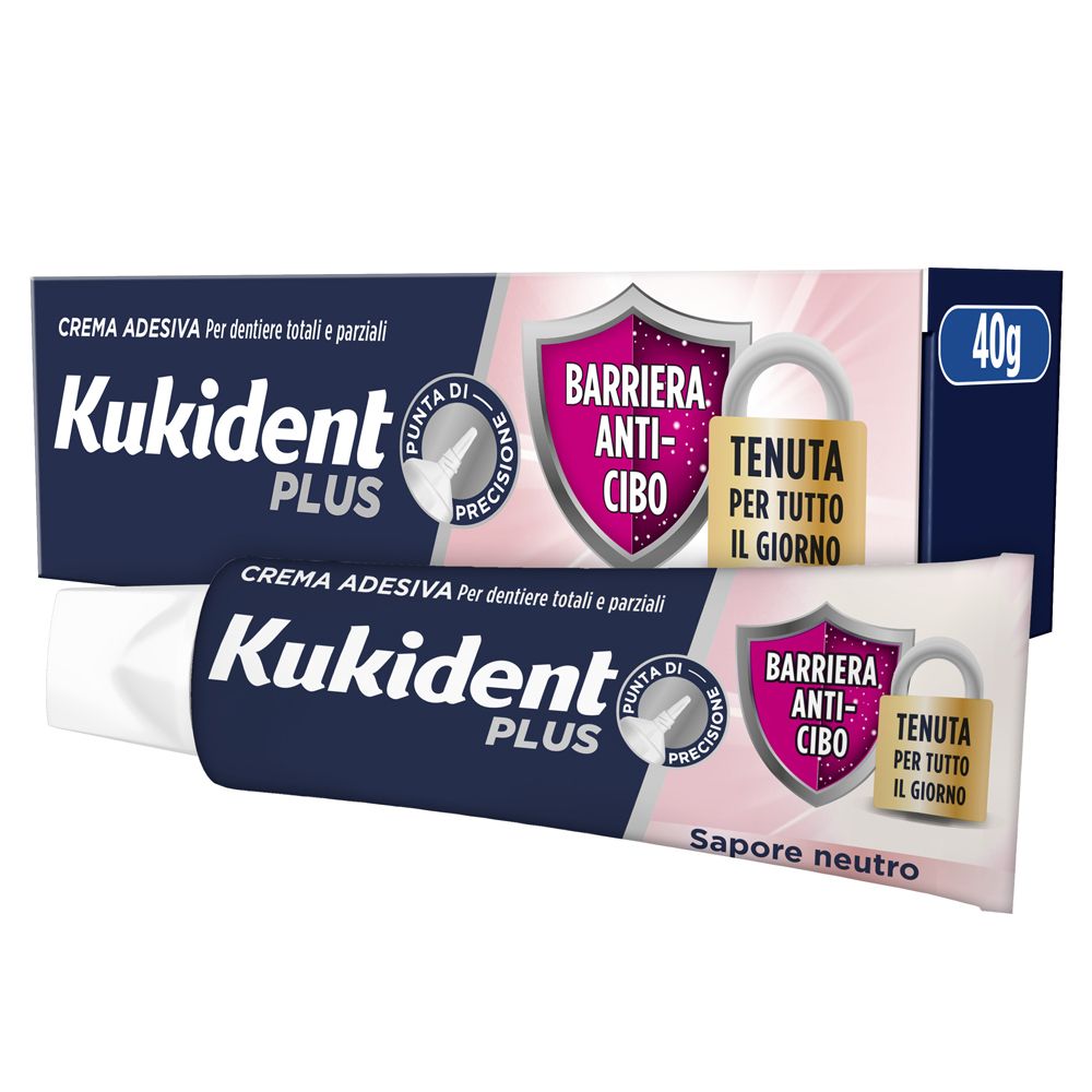 Kukident Plus Barriera Anti-cibo Crema Adesiva Per Dentiere Totali e Parziali Sapore Neutro 40g