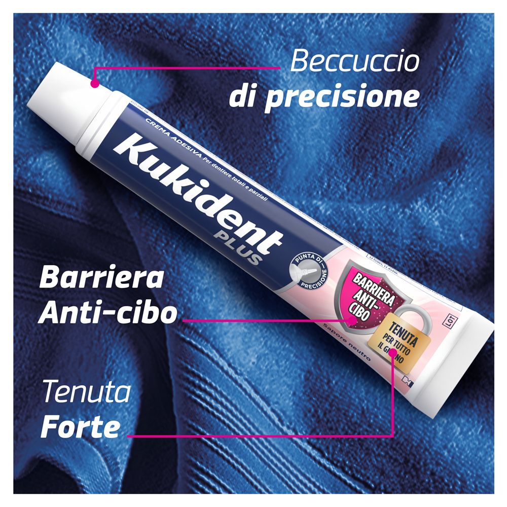 Tube auf blauem Stoff. Aufschrift: Kukident Plus, Barriera Anti-cibo, Tenuta Forte, Beccuccio di precisione.