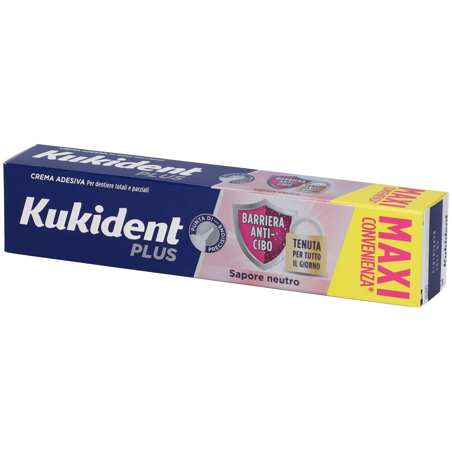 Confezione Kukident Plus. Scritta: Kukident Plus. Tonalità rosa e blu. MAXI.