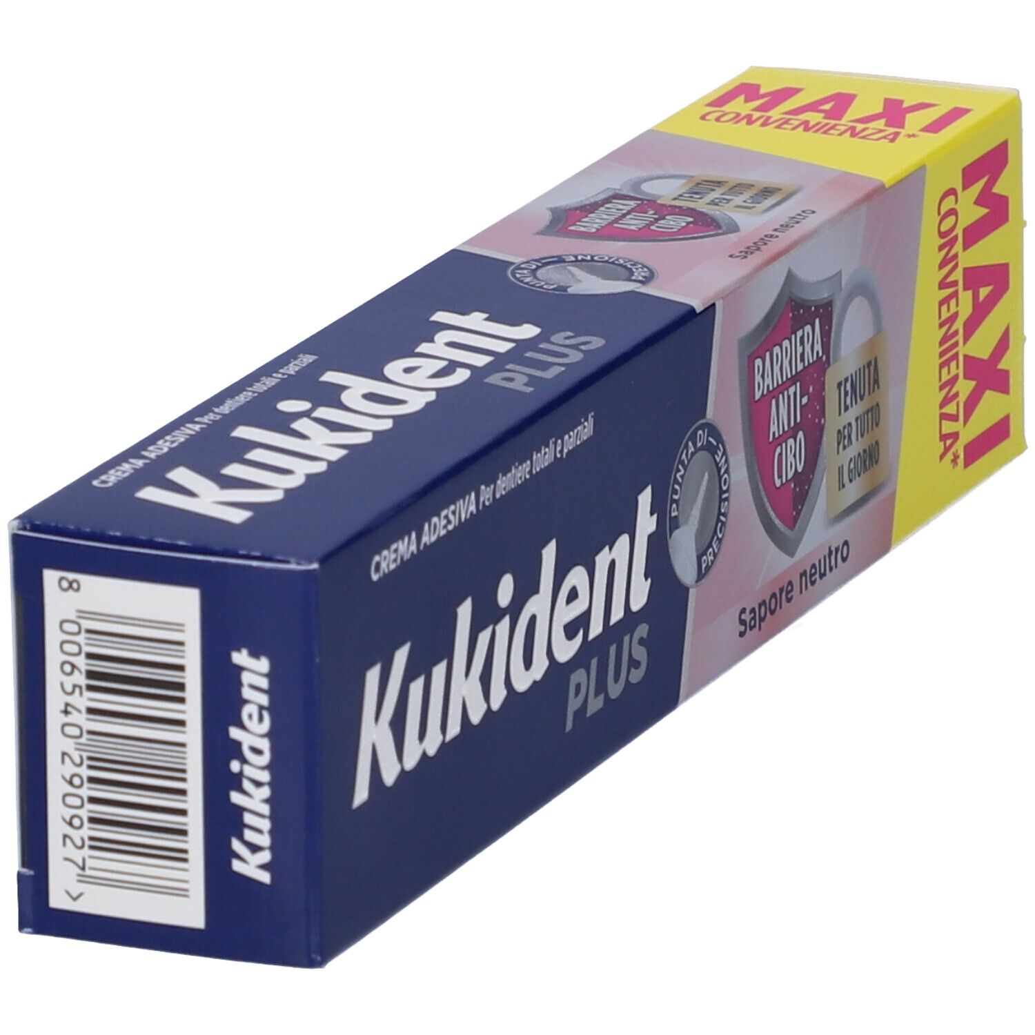 Confezione Kukident Plus. Scritta: Kukident Plus. Tonalità rosa e blu. MAXI.