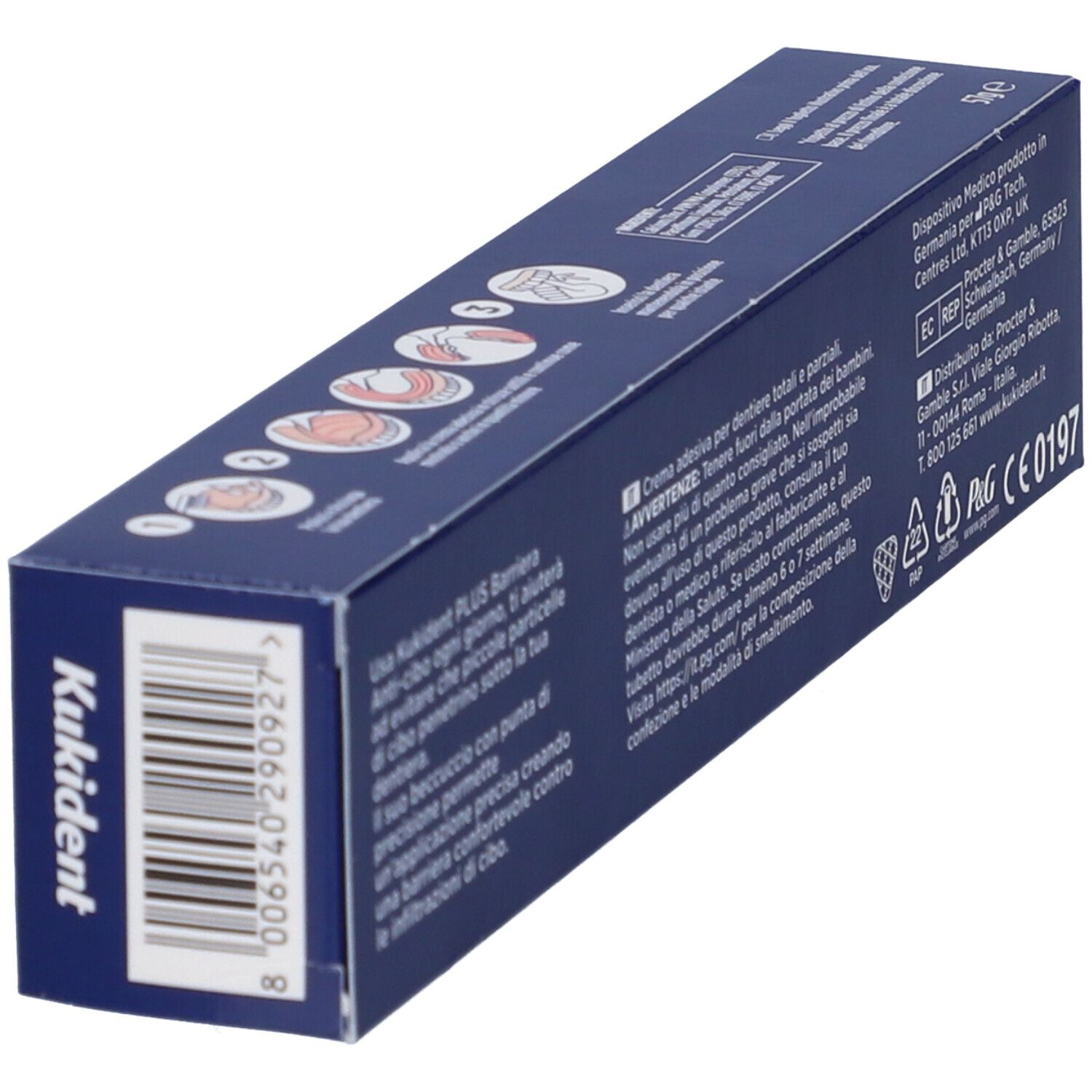 Retro della confezione Kukident Plus. Testo e loghi.
