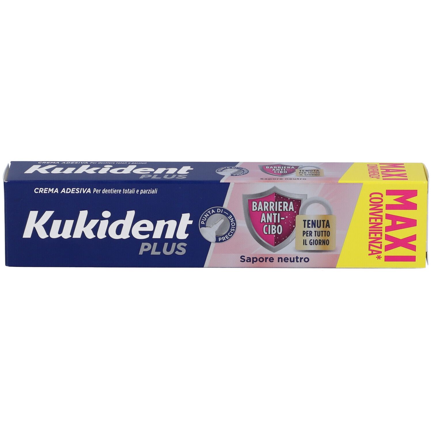 Confezione Kukident Plus. Scritta: Kukident Plus. Tonalità rosa e blu. MAXI.