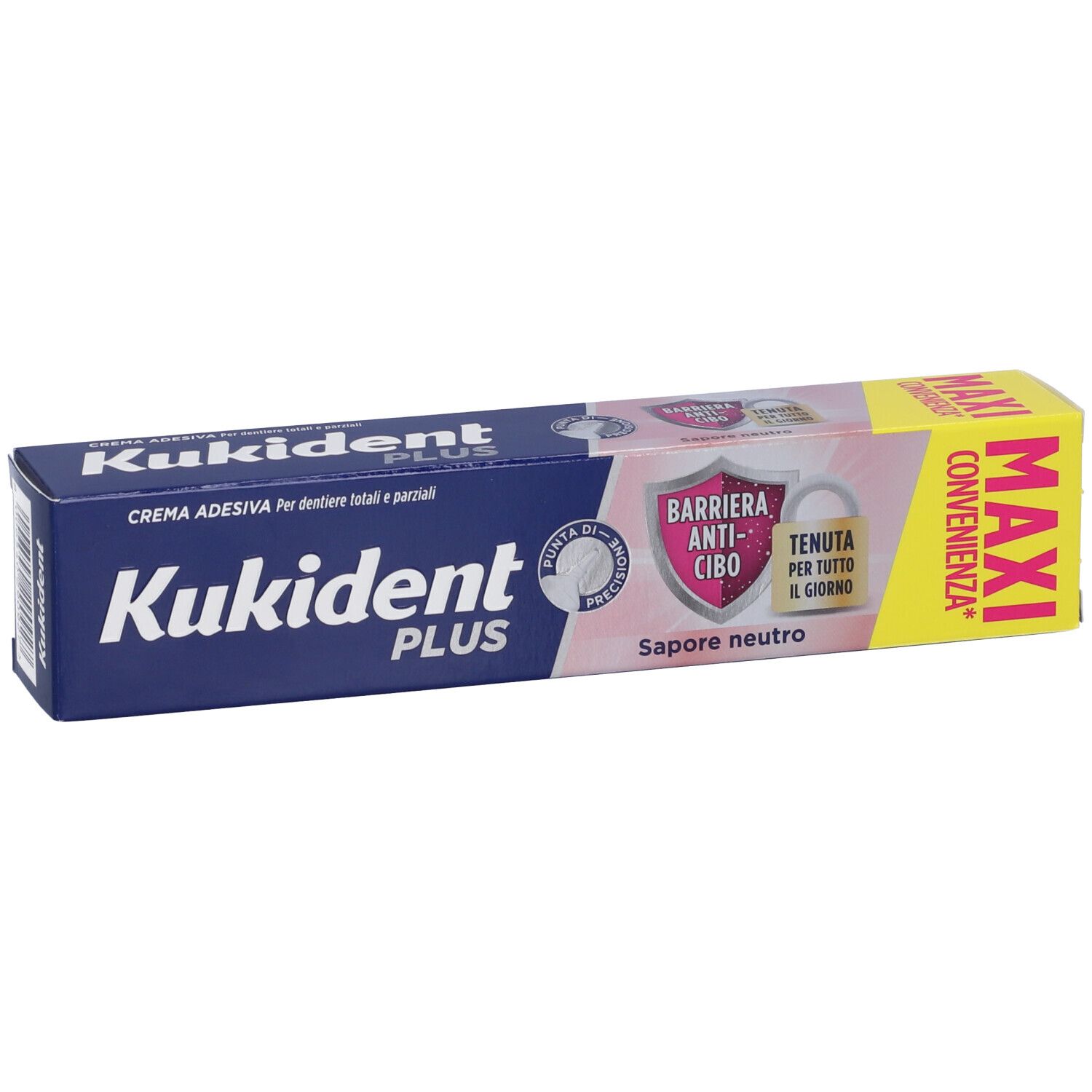 Confezione Kukident Plus. Scritta: Kukident Plus. Tonalità rosa e blu. MAXI.