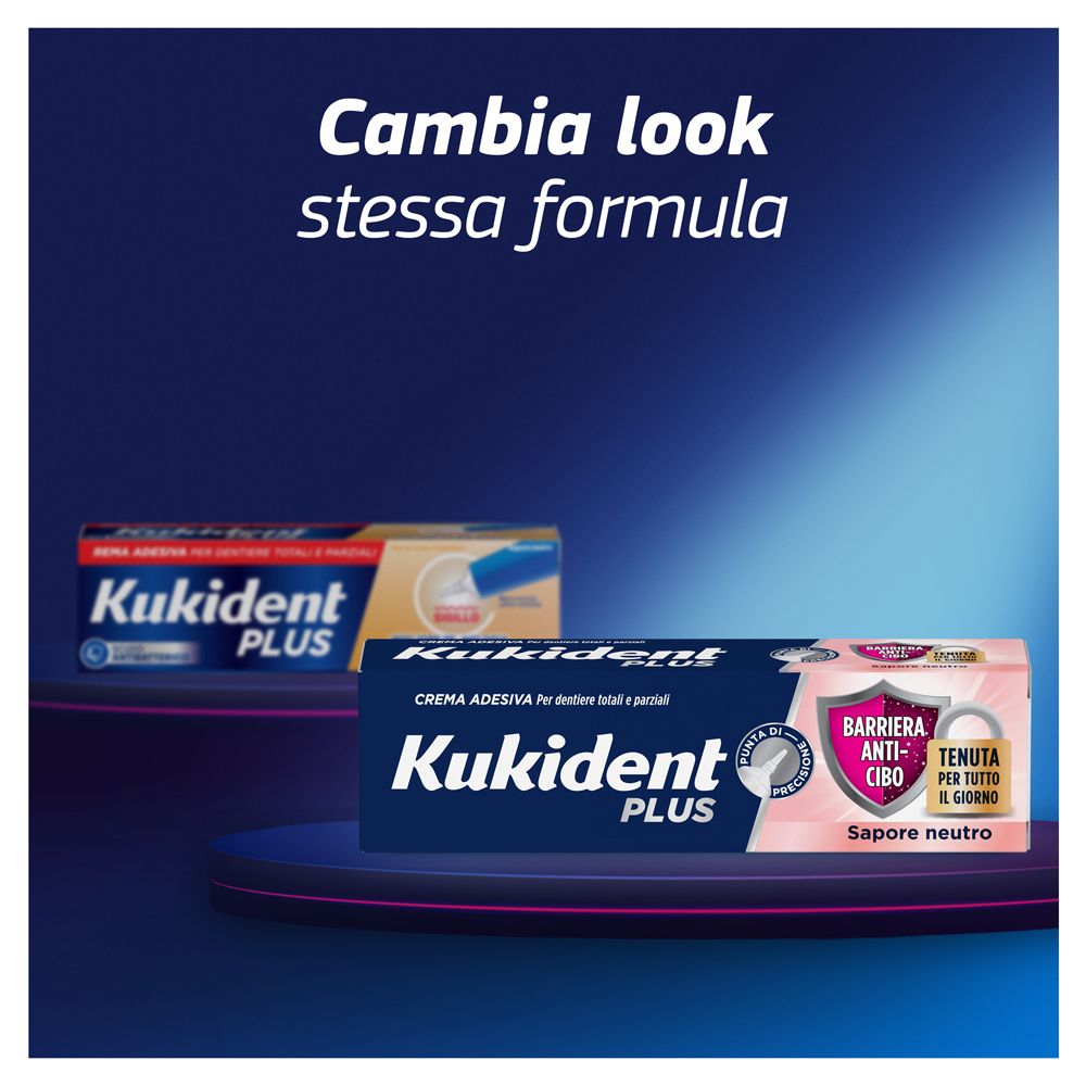 Confezione del prodotto Kukident Plus. Scritta: Kukident Plus. Tonalità rosa e blu.