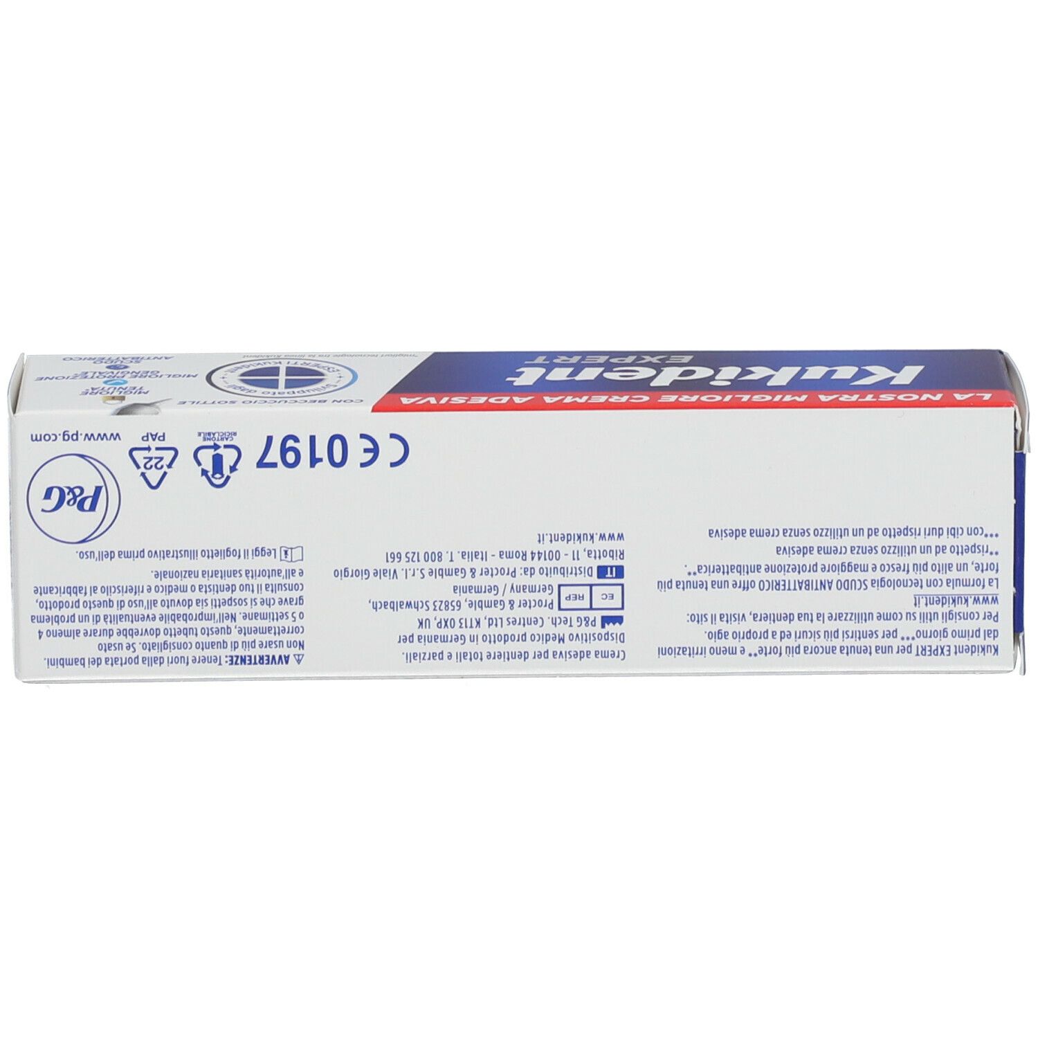 Confezione di Kukident Expert. Scritta e data di produzione. Confezione blu.