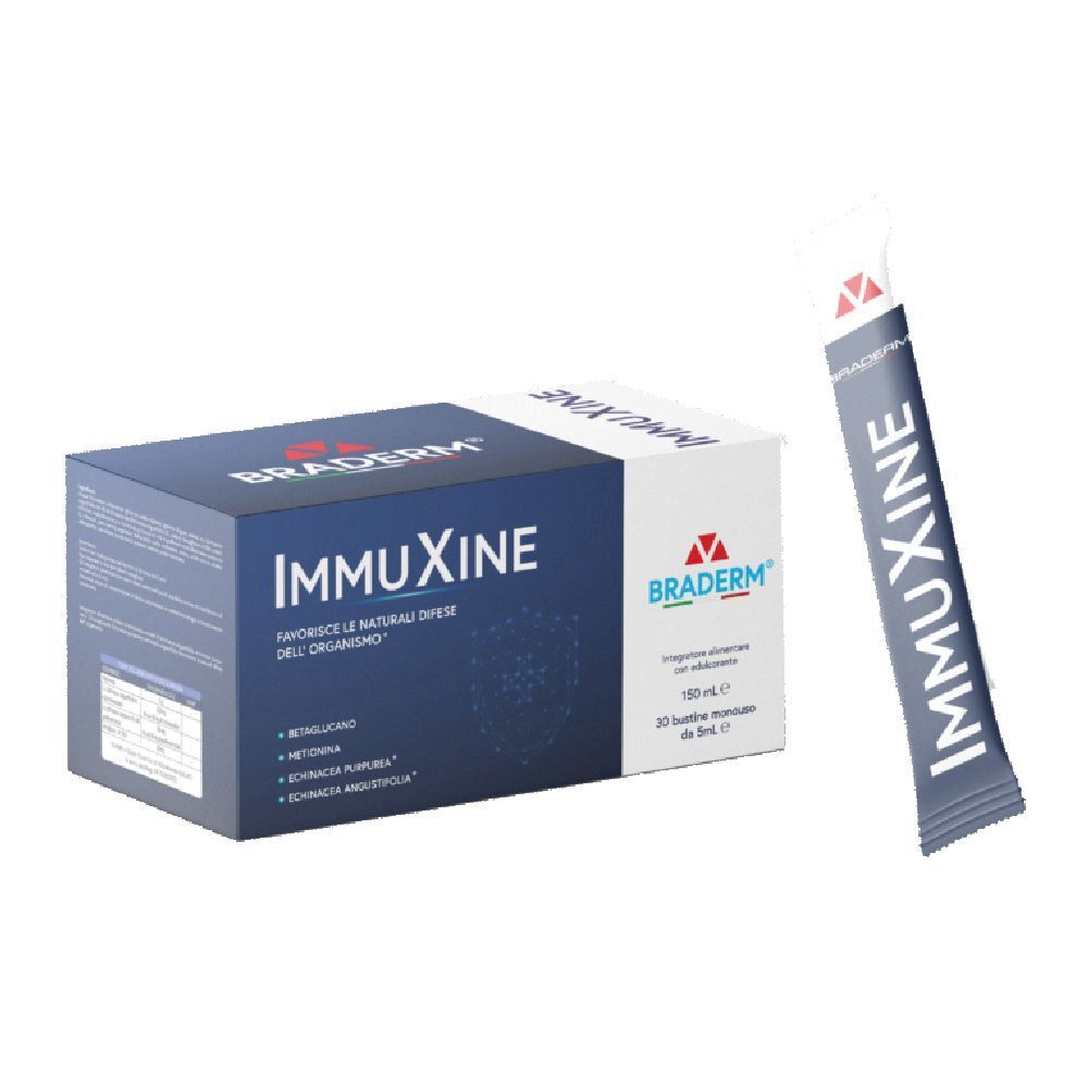 Scatola e bustina con scritta IMMUXINE e BRADerm. 30 bustine da 5 ml.