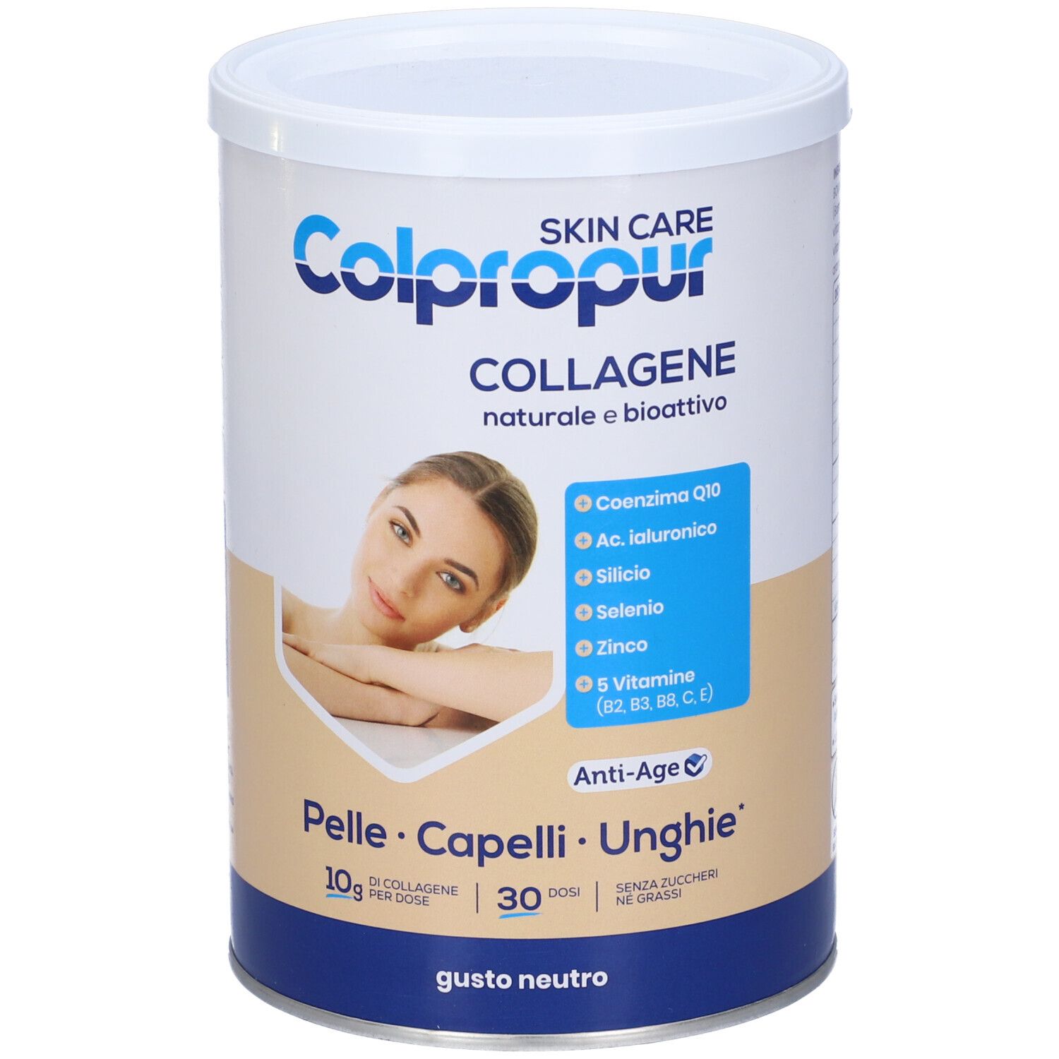 Barattolo Skin Care Colpropur Collagene, bianco-blu. Contiene collagene, vitamine e minerali. Gusto neutro.