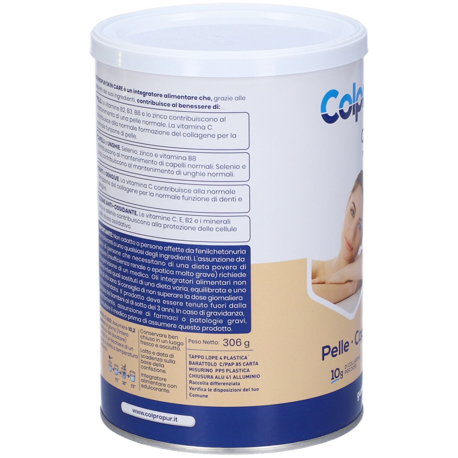 Retro del barattolo Skin Care Colpropur Collagene. Testo con ingredienti, informazioni nutrizionali e avvertenze.