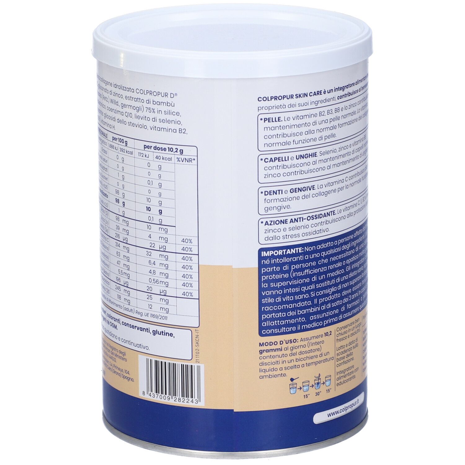 Retro del barattolo Skin Care Colpropur Collagene. Testo con ingredienti, informazioni nutrizionali e avvertenze.
