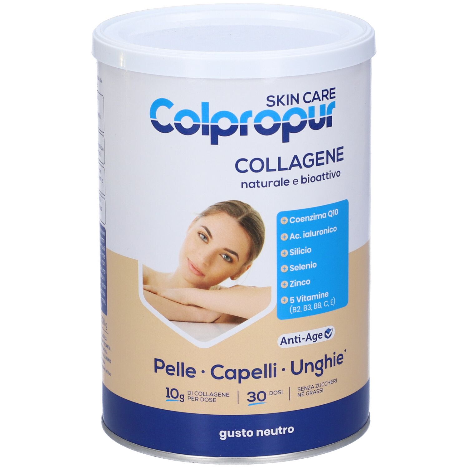 Barattolo Skin Care Colpropur Collagene, bianco-blu. Contiene collagene, vitamine e minerali. Gusto neutro.