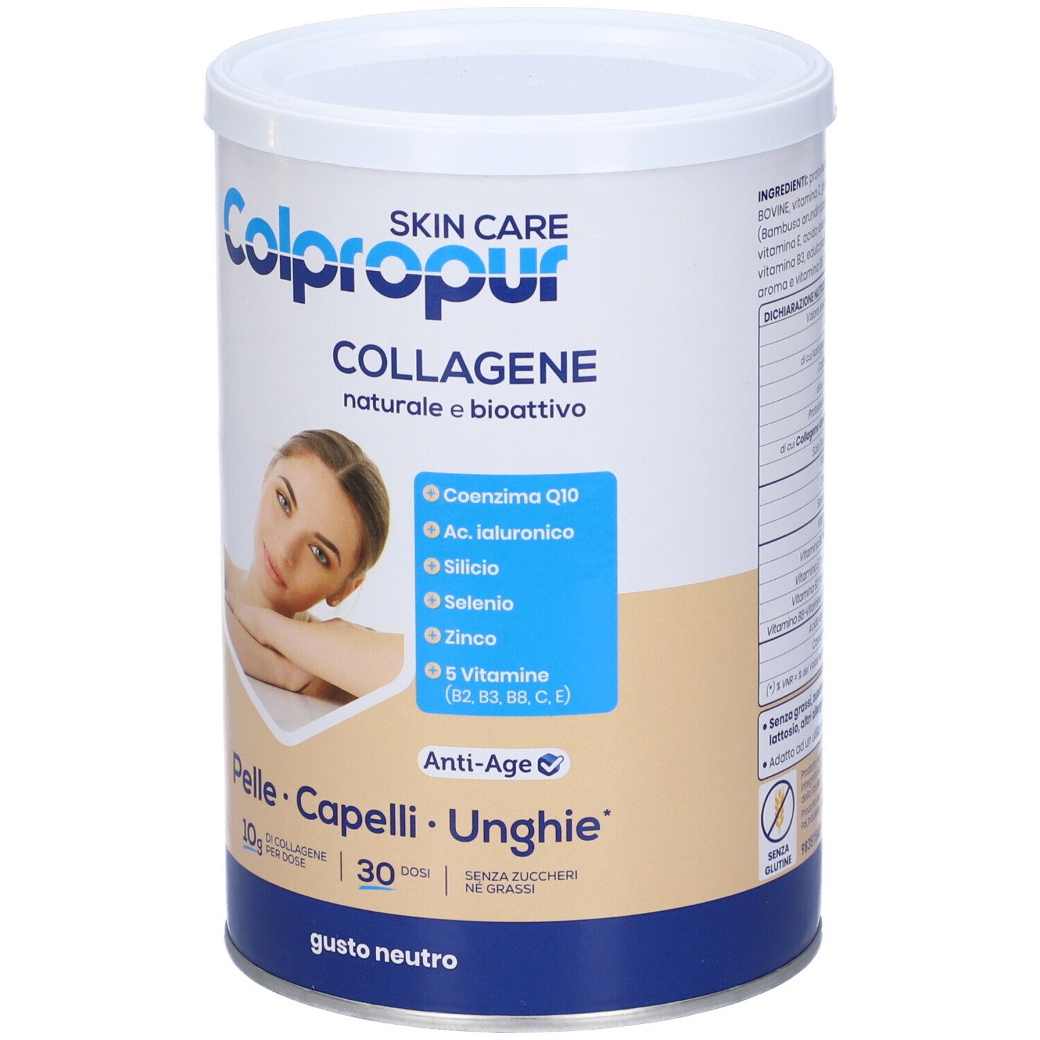 Barattolo Skin Care Colpropur Collagene, bianco-blu. Contiene collagene, vitamine e minerali. Gusto neutro.