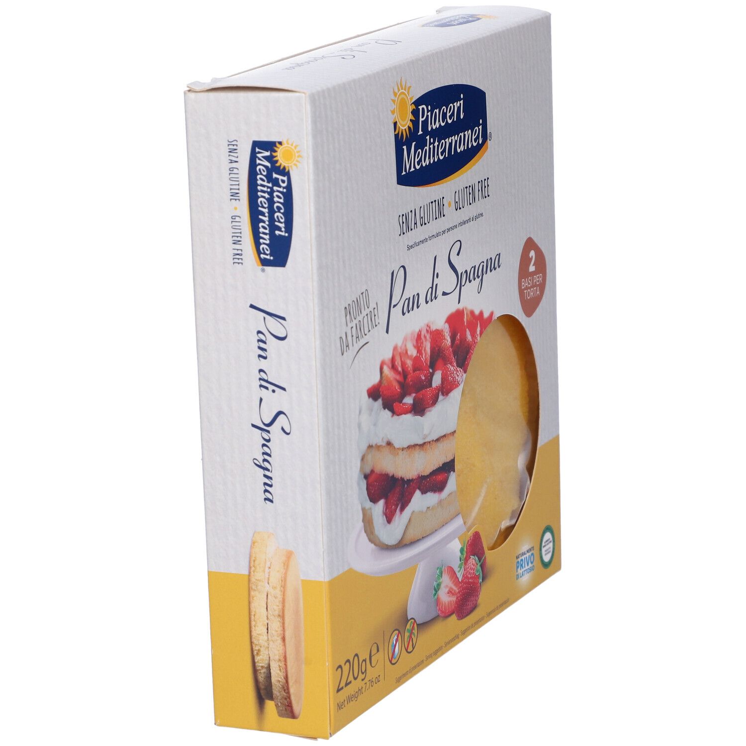 Verpackung von glutenfreiem Pan di Spagna Kuchenboden, Seitenansicht.
