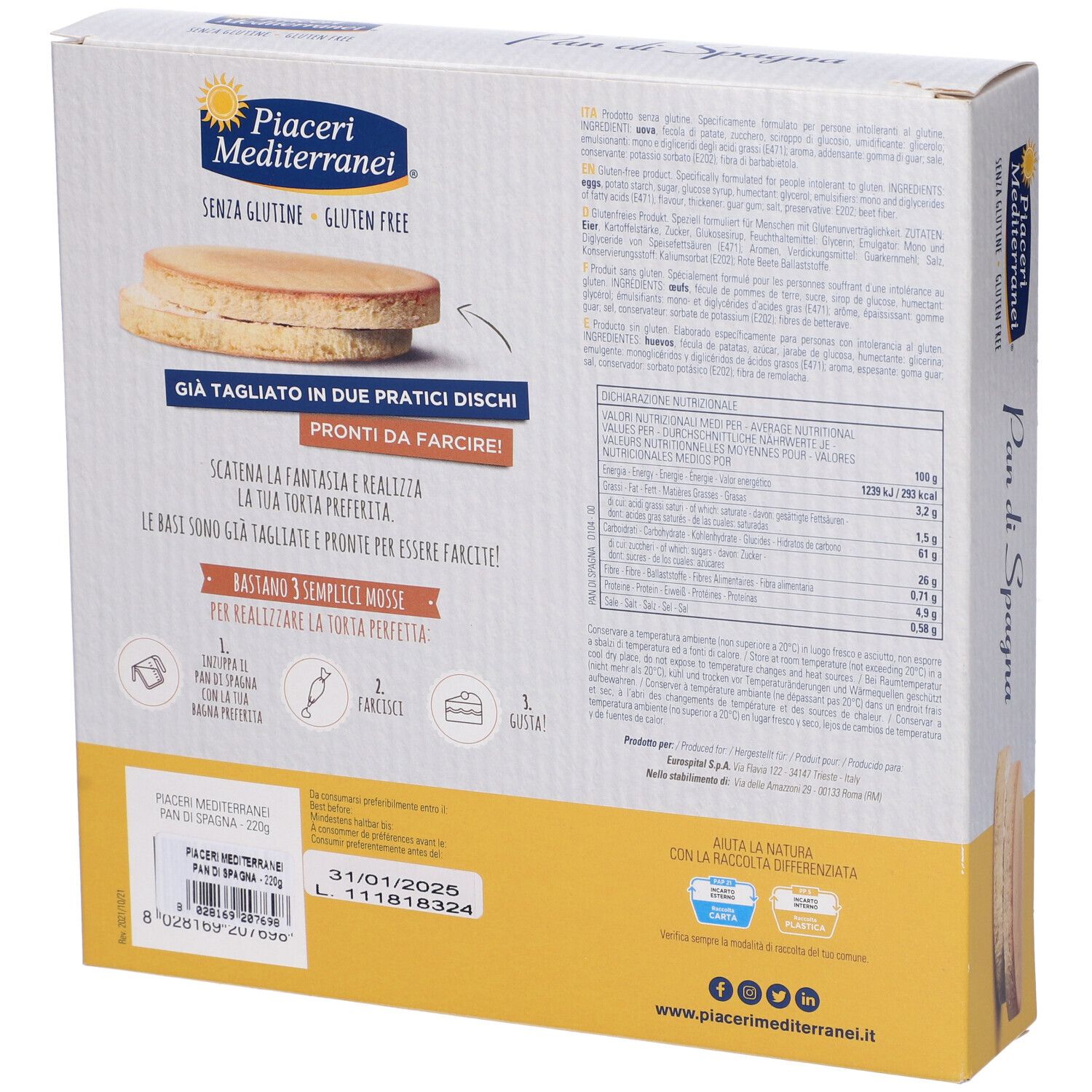 Rückseite der Verpackung für glutenfreien Pan di Spagna Kuchenboden mit Nährwertangaben und Zubereitungshinweisen.