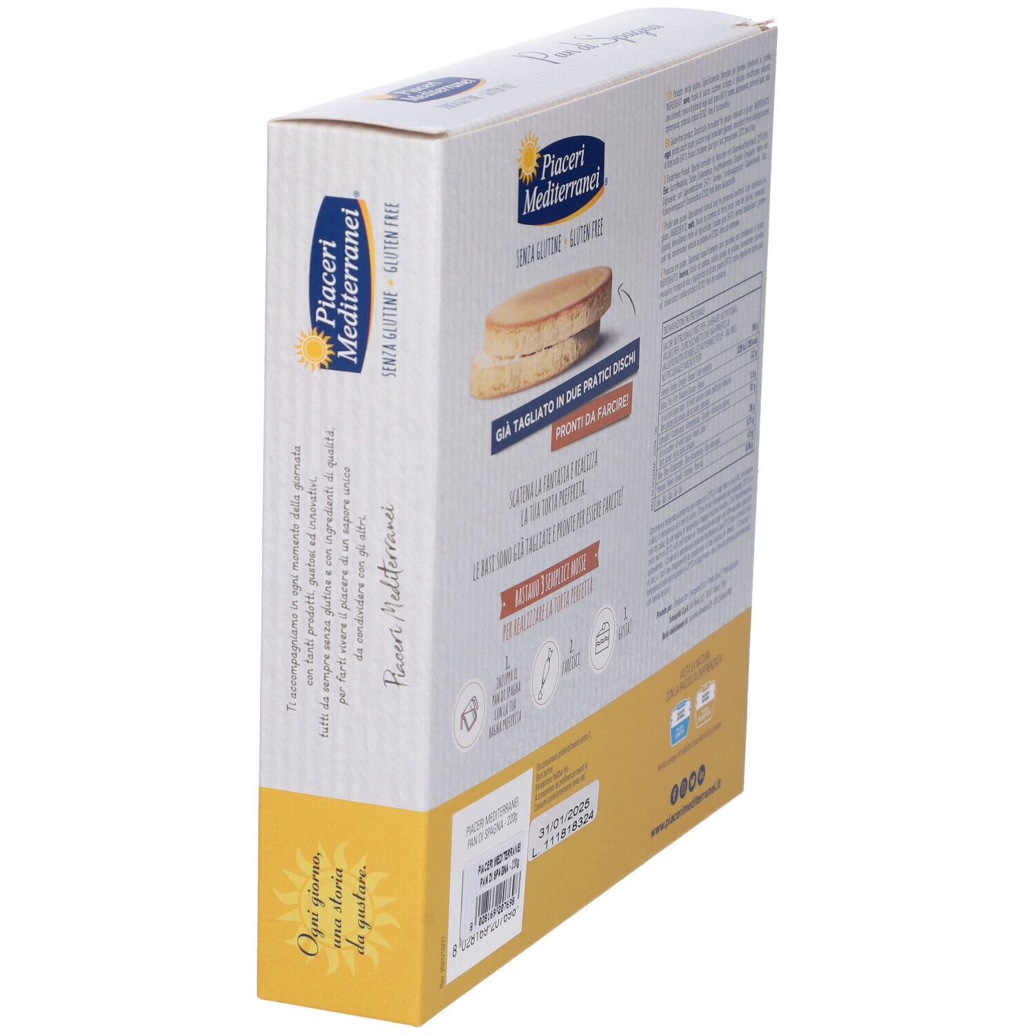 Seitenansicht der Verpackung für glutenfreien Pan di Spagna Kuchenboden, mit Produktinformationen.