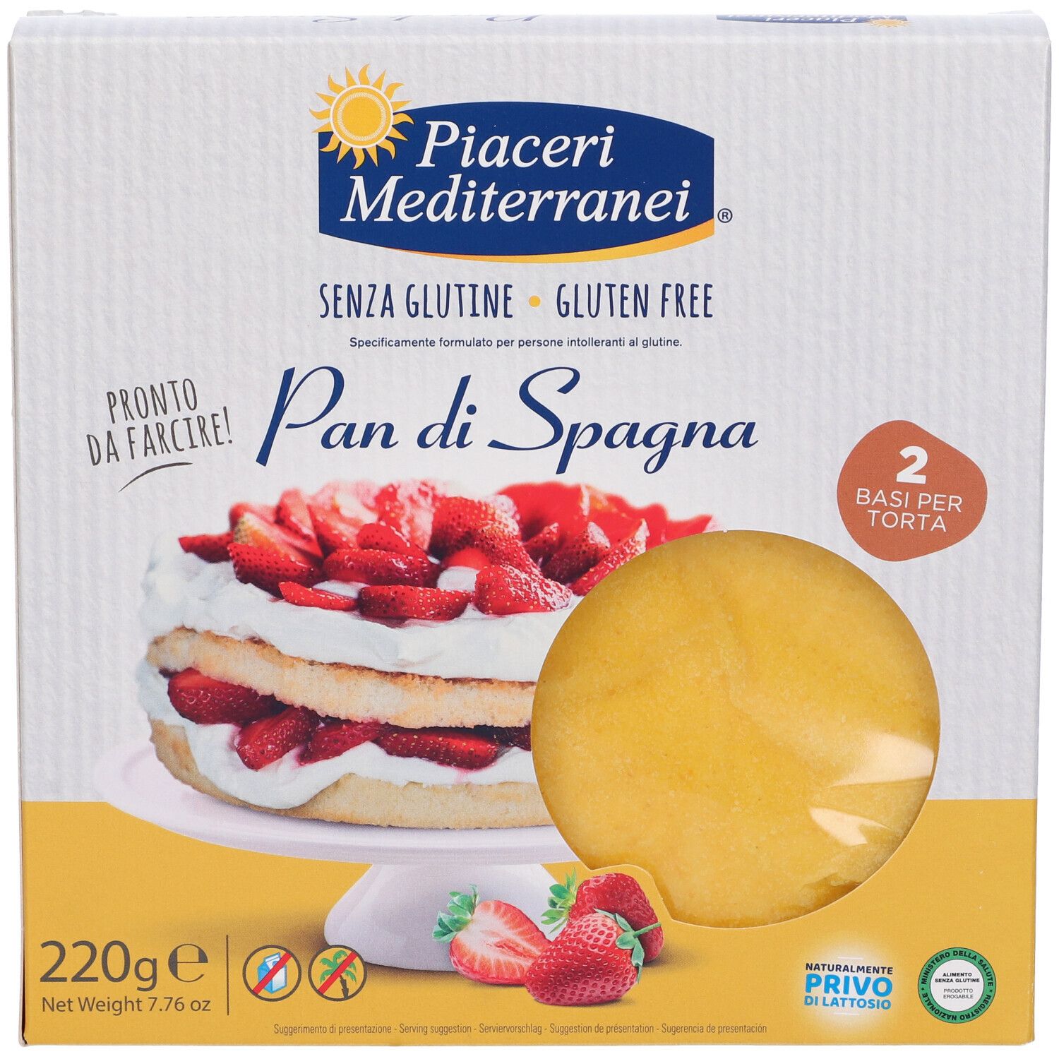 Glutenfreier Pan di Spagna Kuchenboden, 220g Packung mit Erdbeer-Tortenabbildung.