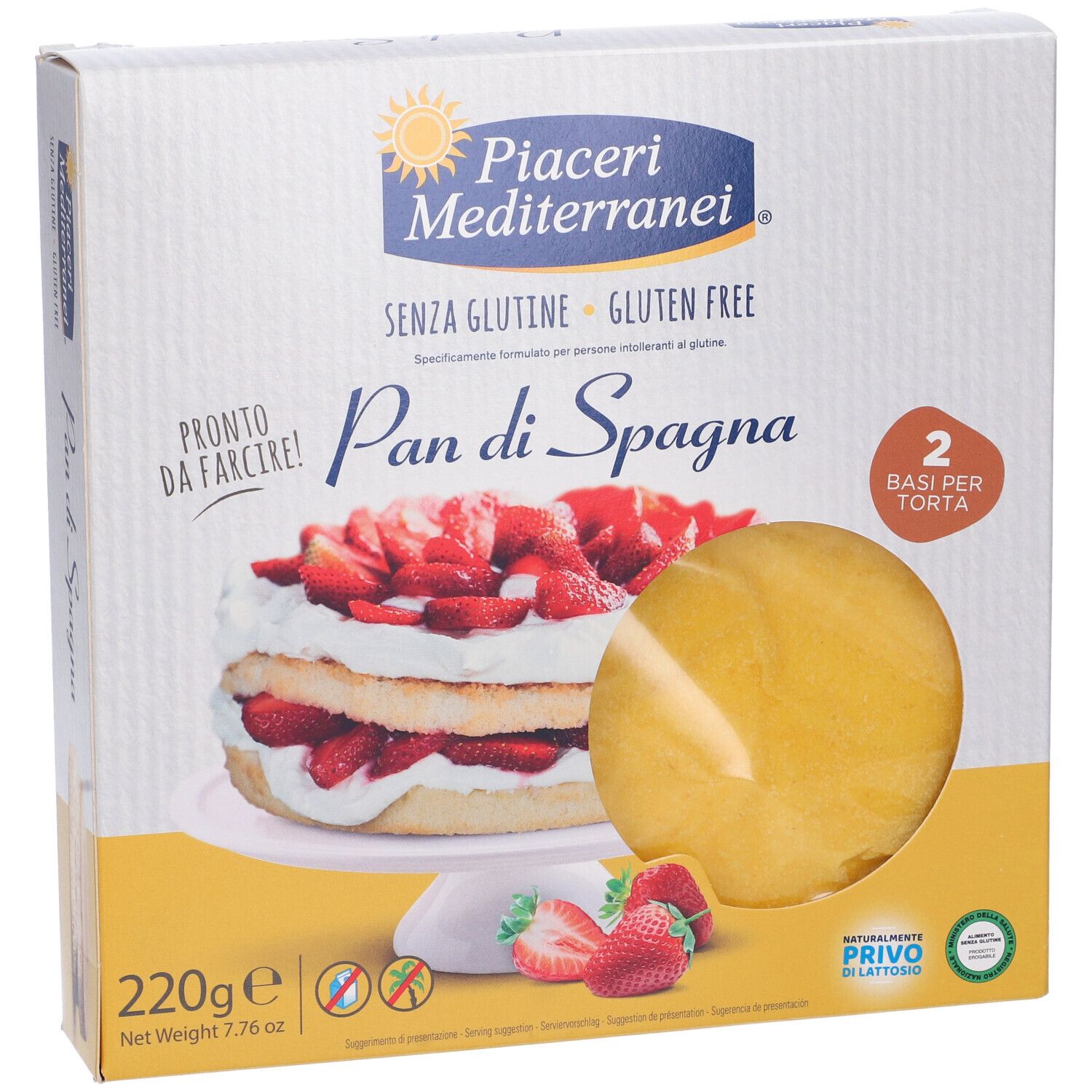 Glutenfreier Pan di Spagna Kuchenboden, 220g Packung mit Erdbeer-Tortenabbildung.