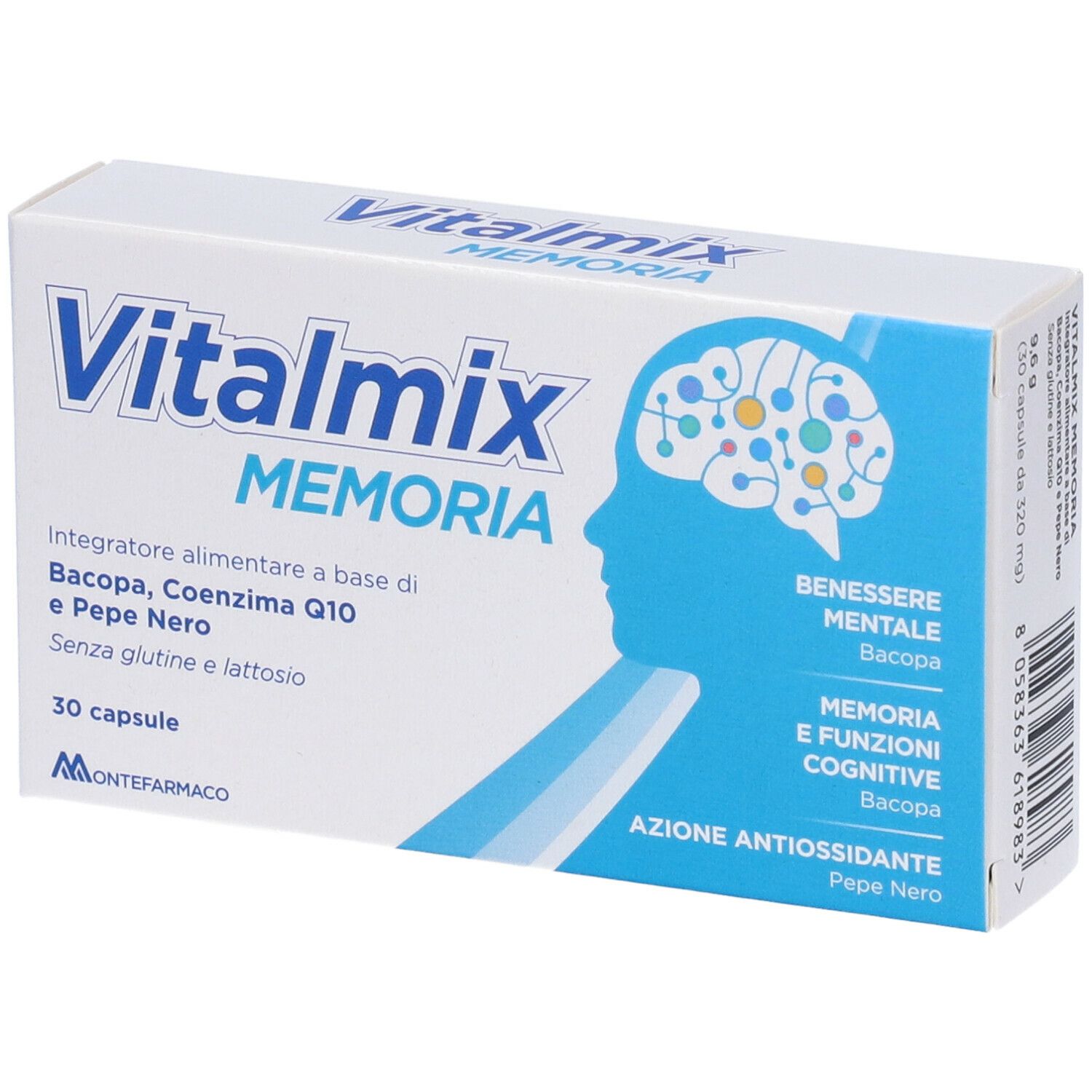 Scatola bianca con logo "Vitalmix Memoria". Contiene 30 capsule. Contiene Bacopa, Coenzima Q10 e pepe nero. Marchio Montefarmaco.