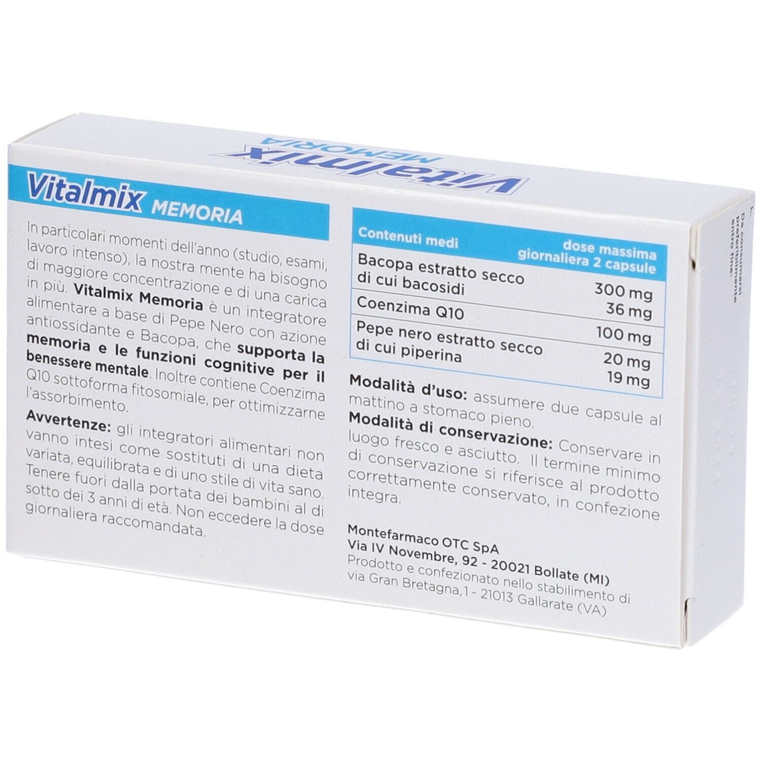 Retro della confezione "Vitalmix Memoria". Contiene informazioni su ingredienti, dosaggio e conservazione. Testo in italiano.